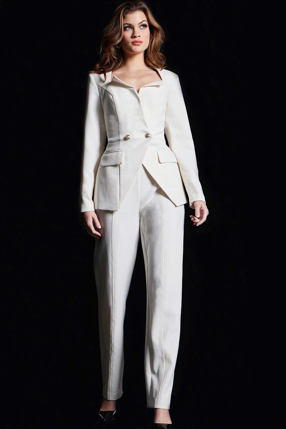 Jovani 37031 Asymmetric Collar Crepe Pantsuit - Ivory - Main