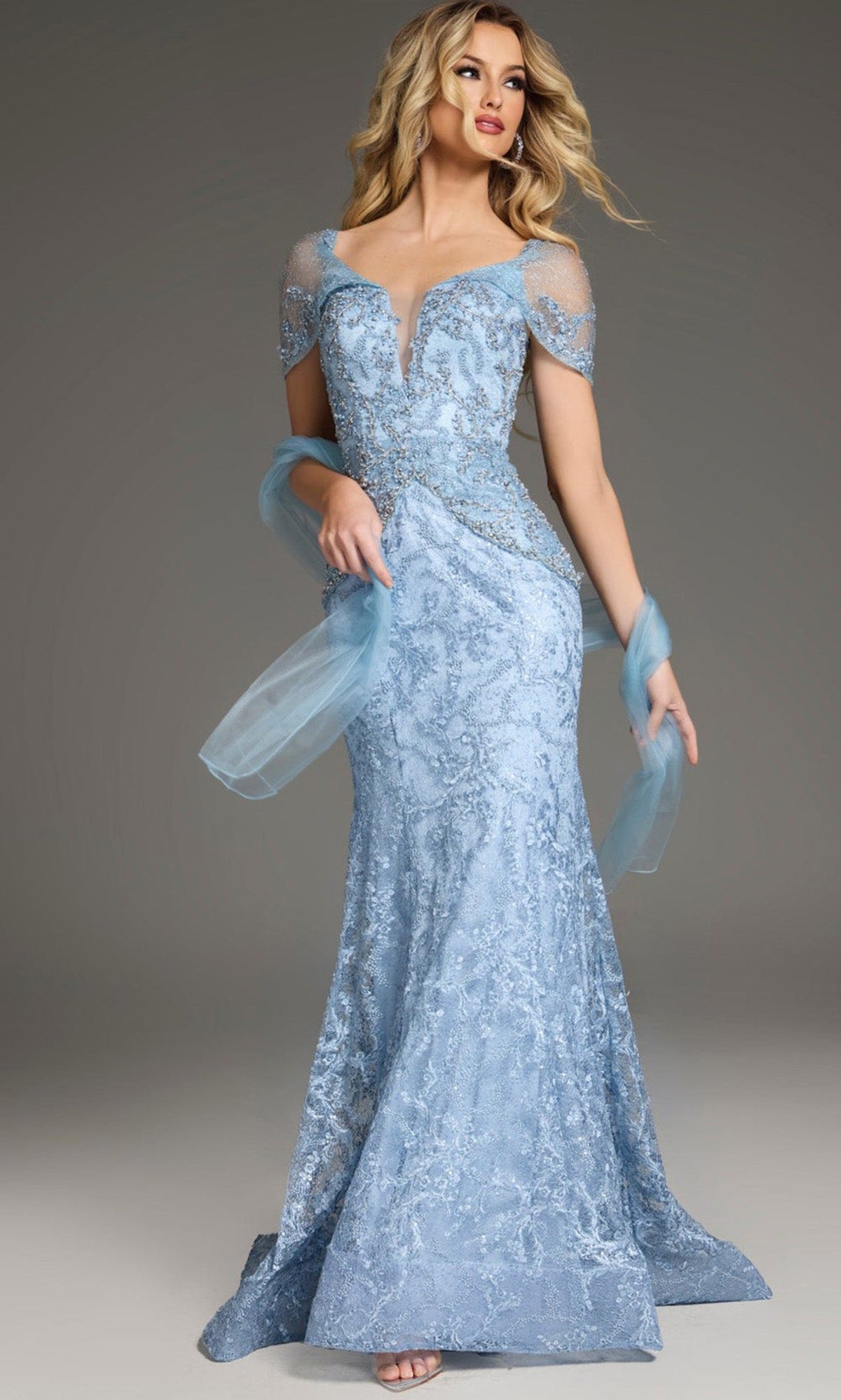 Jovani 38514 - Beaded Lace Plunging V-Neckline Gown