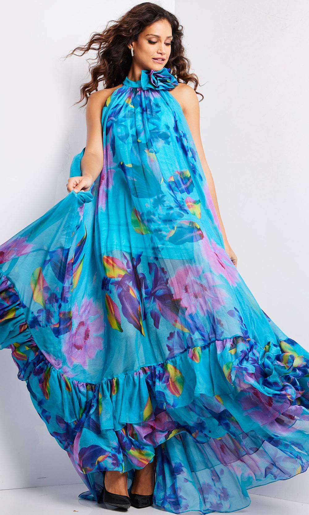 Jovani 38721 - Floral Print Jewel Neck Dress