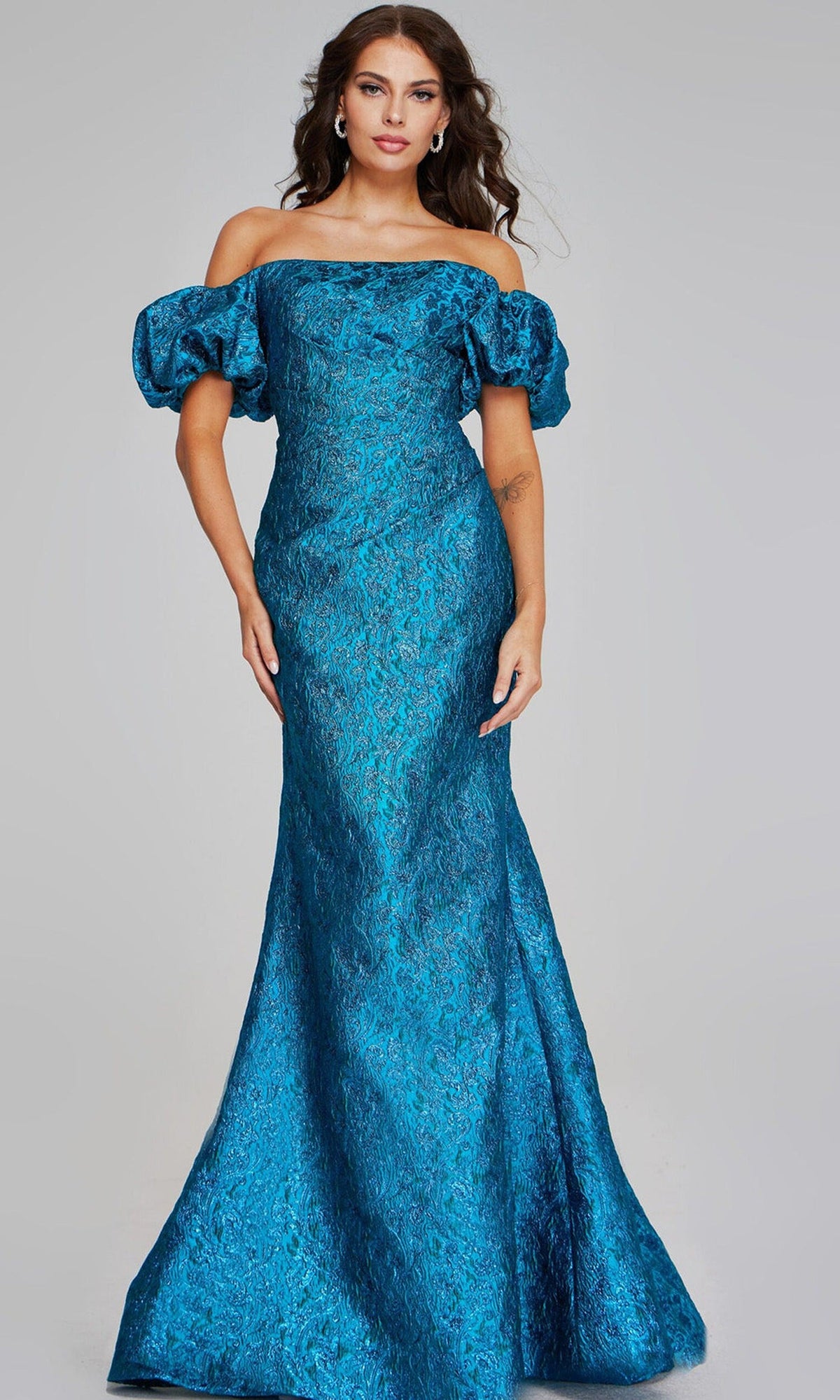 Jovani 39113 - Off Shoulder Puff Sleeve Evening Gown - Teal - Main