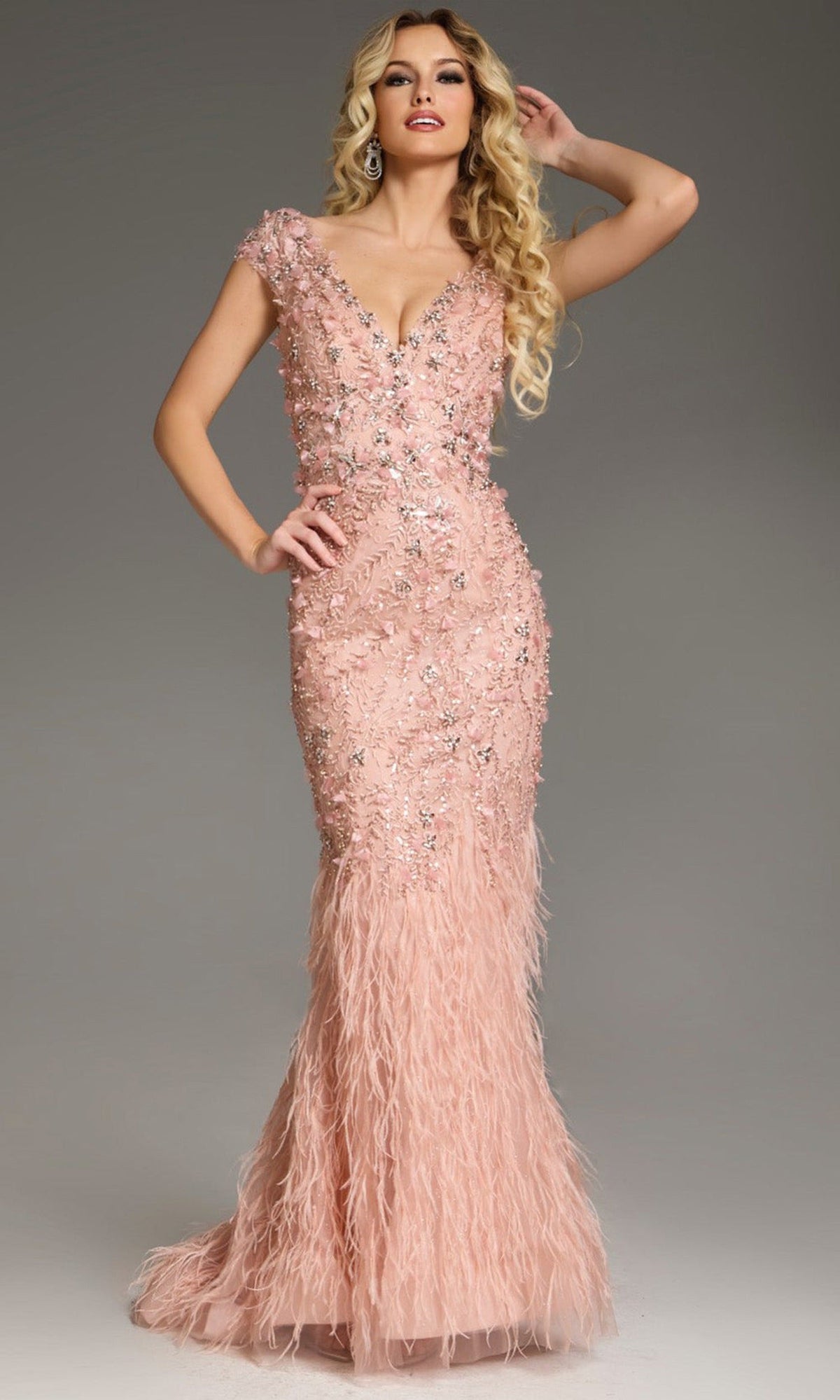 Jovani 39174 - Plunging Neck Feather Mermaid Gown