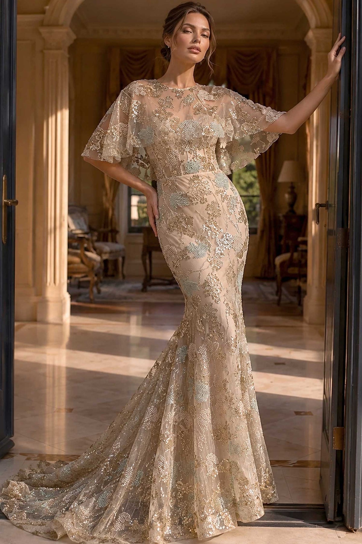 Jovani 39216 Beaded Cape Sleeve Mermaid Dress