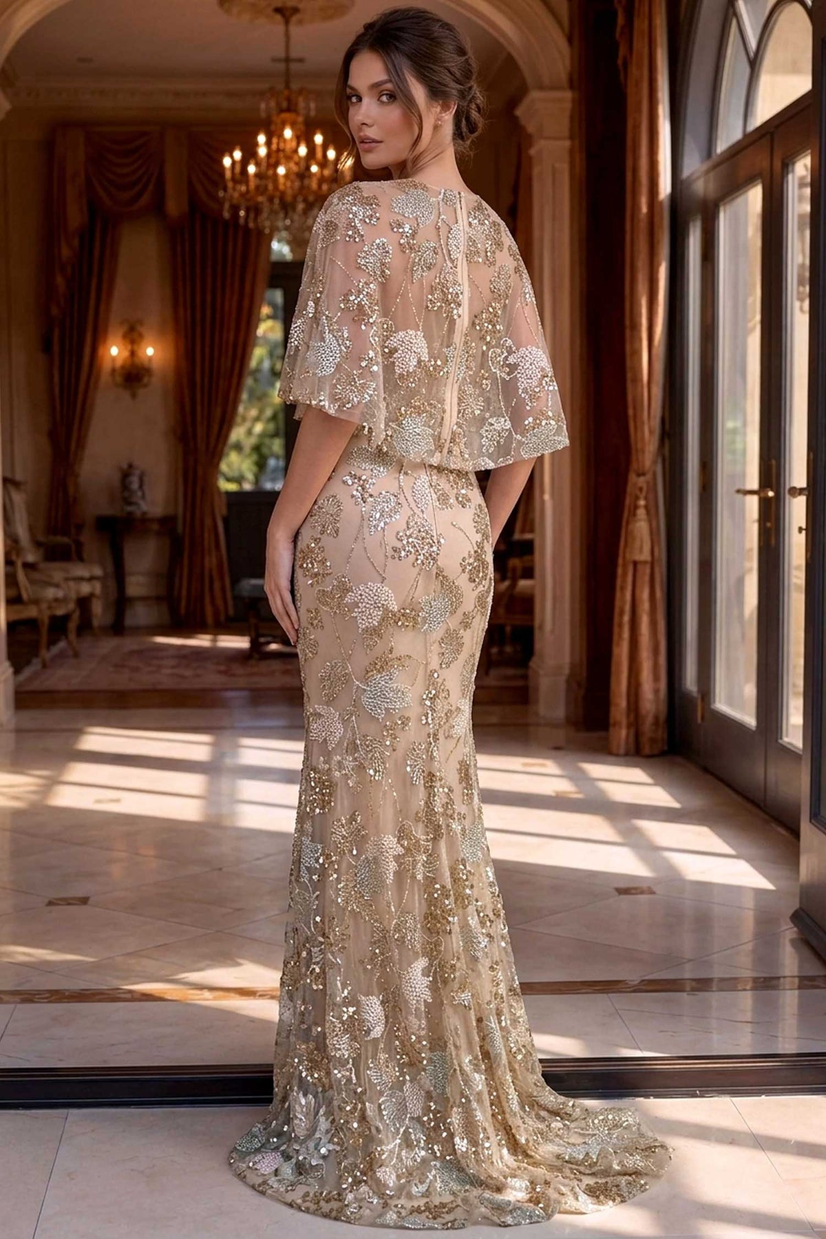 Jovani 39216 Beaded Cape Sleeve Mermaid Dress