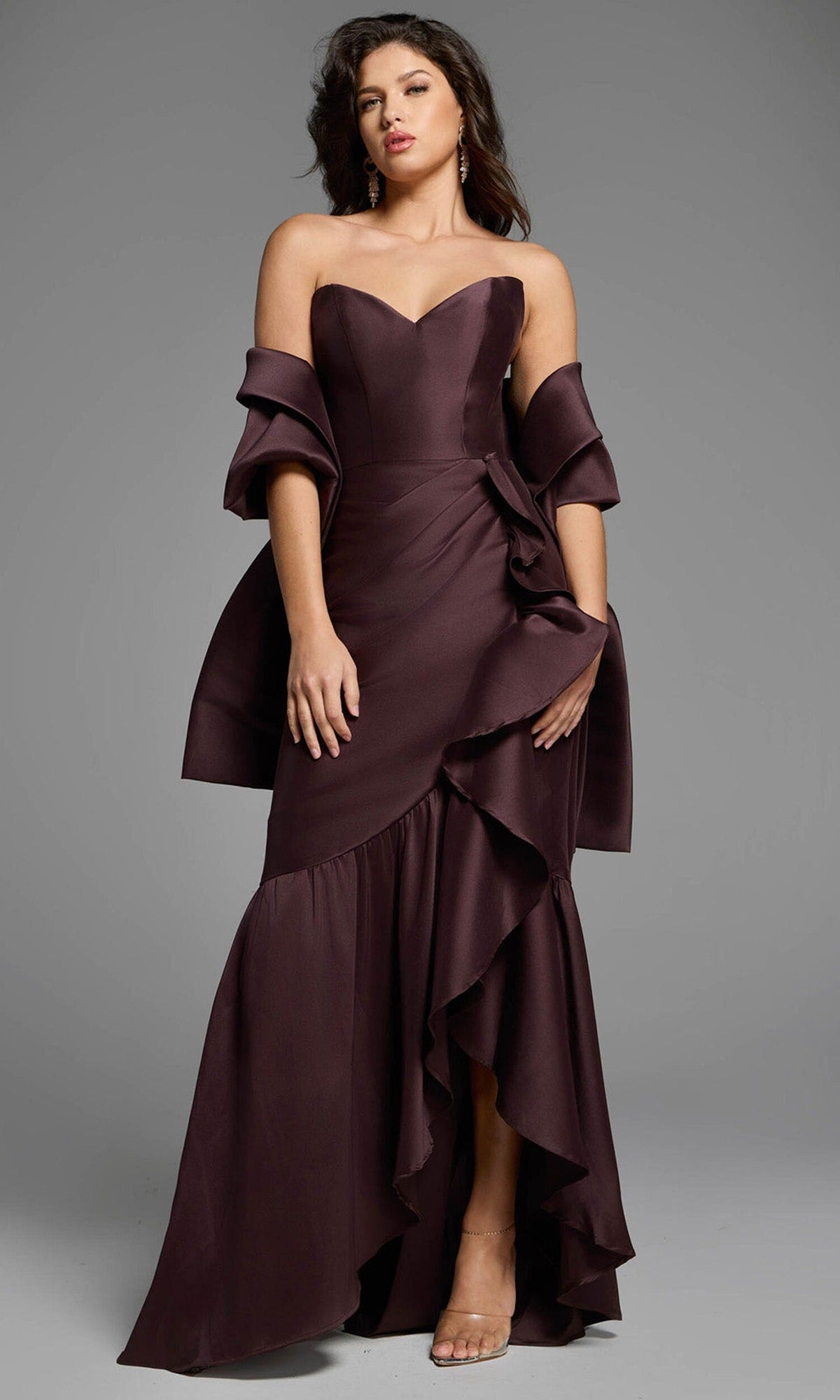 Jovani 39265 - Strapless Satin High Low Gown - Brown - Main