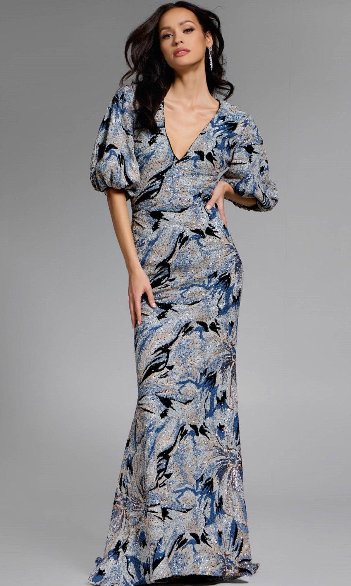 Jovani 39692 - Puff Sleeve Floral Embellished Gown