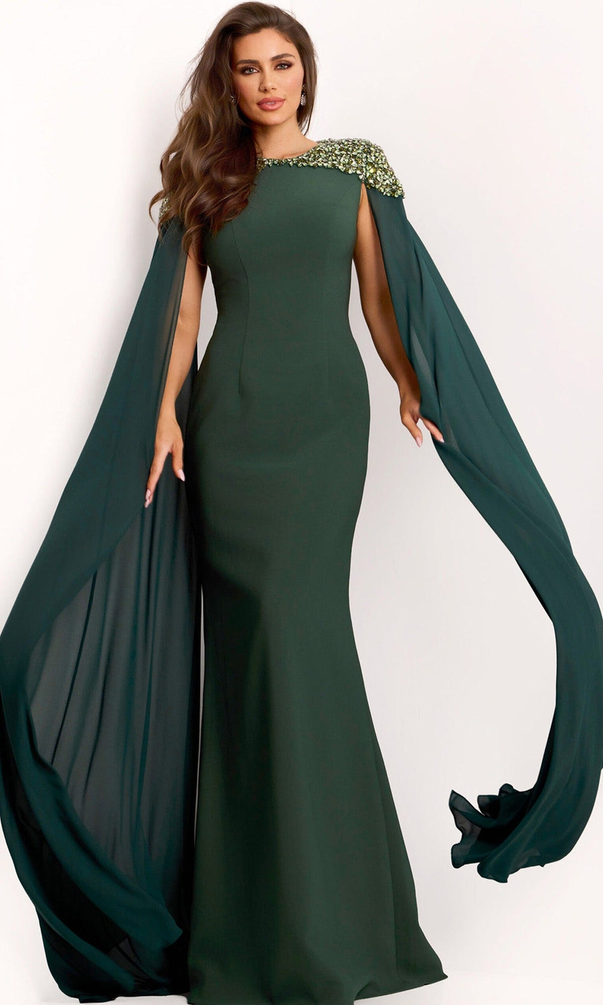 Jovani 40000 - Beaded Shoulder Cape Sleeve Evening Gown - Hunter - Main