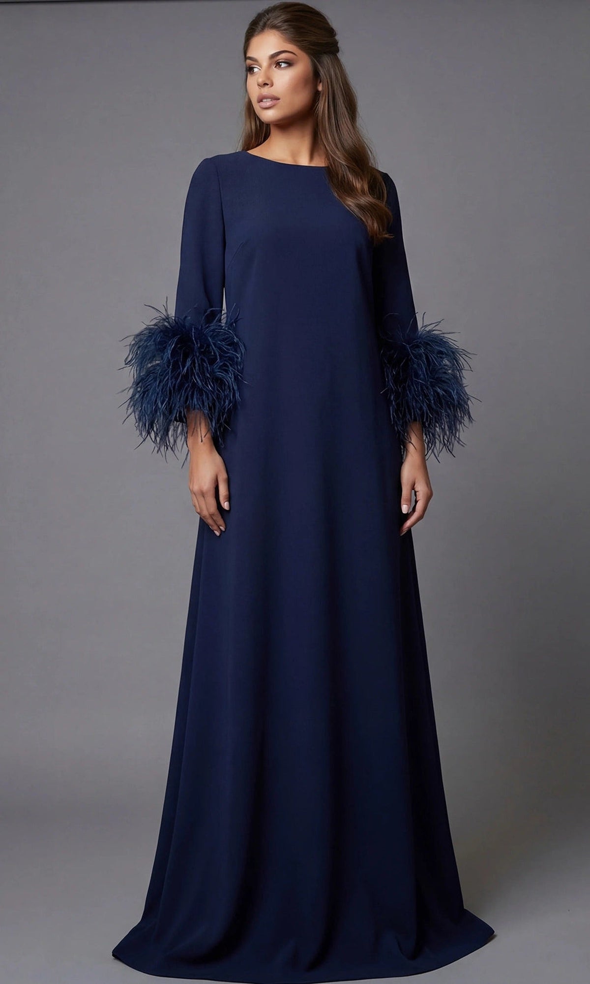Jovani 40200 - Long Sleeve Feather Cuff Evening Gown - Navy - Main
