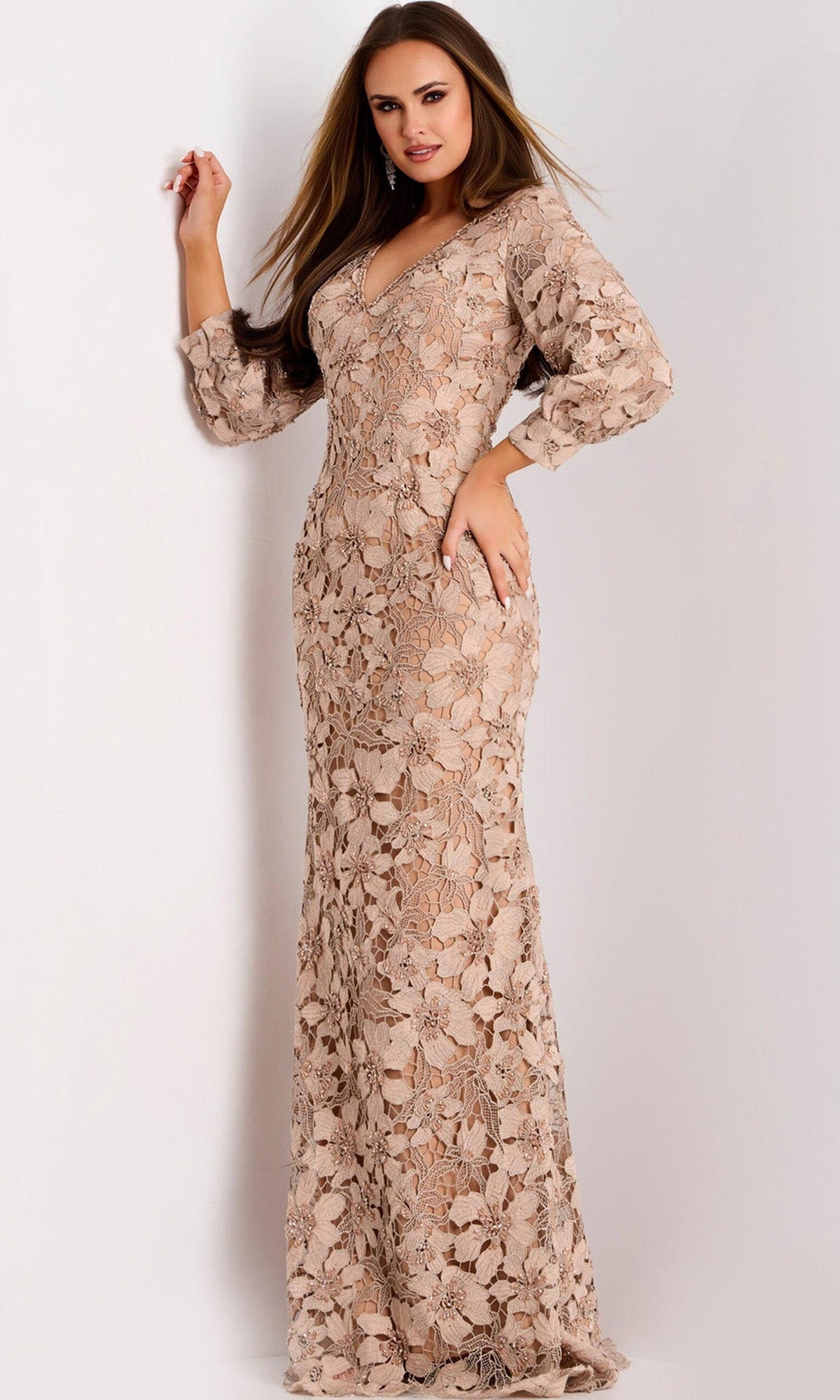 Jovani 40210 - Floral Lace Long Sleeve Evening Gown