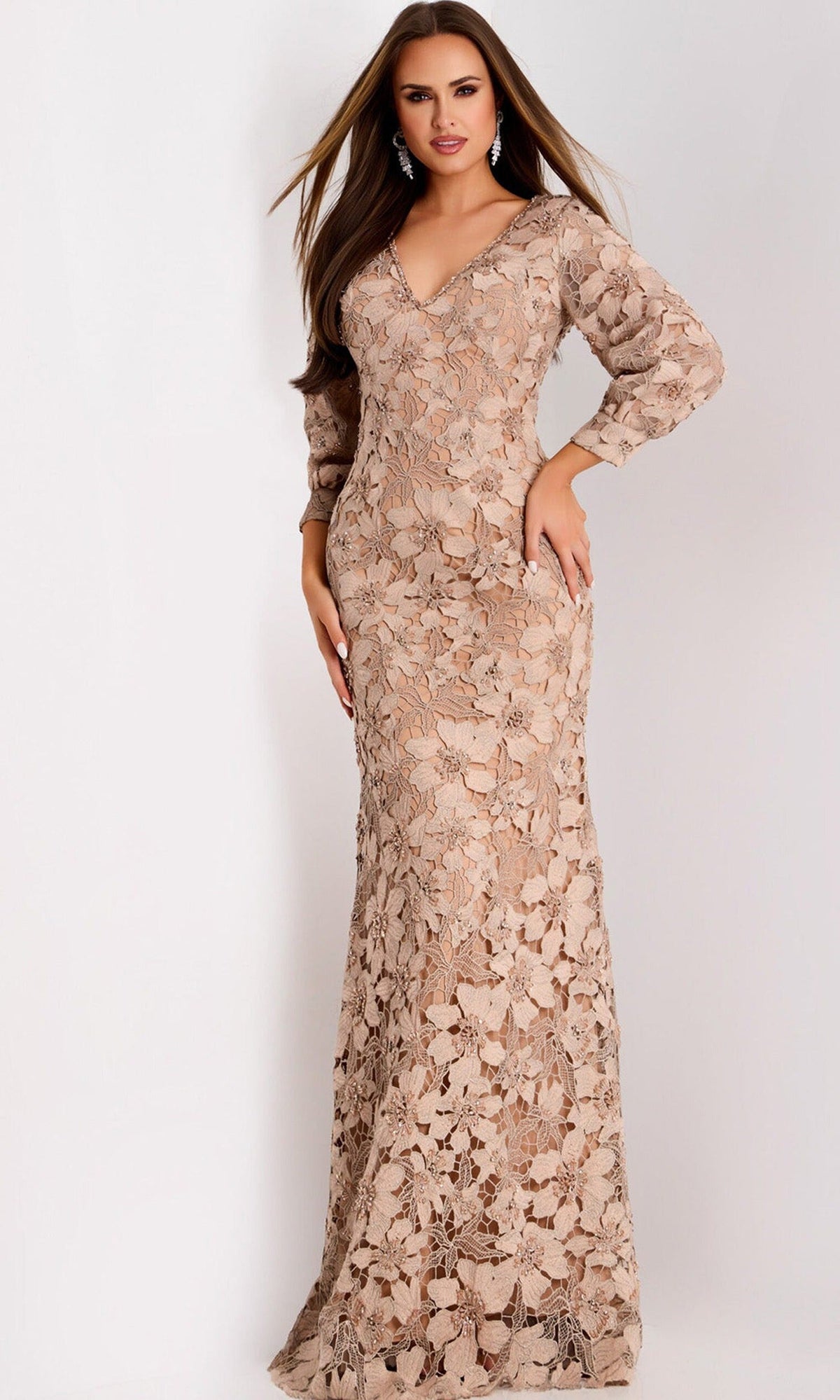 Jovani 40210 - Floral Lace Long Sleeve Evening Gown - Beige - Main