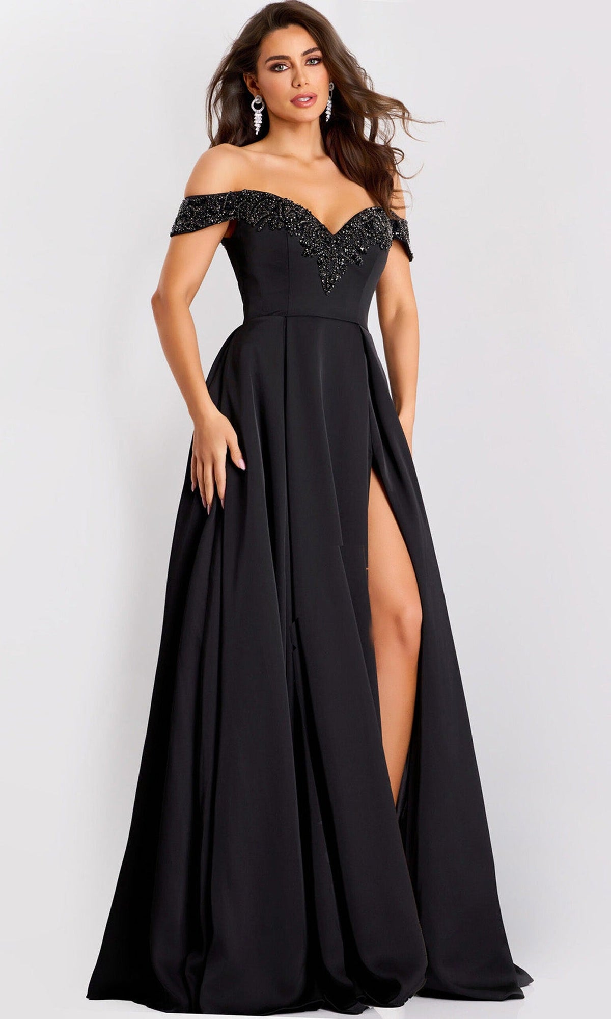 Jovani 42849 - Satin Off Shoulder Pleated A-Line Gown - Black - Main