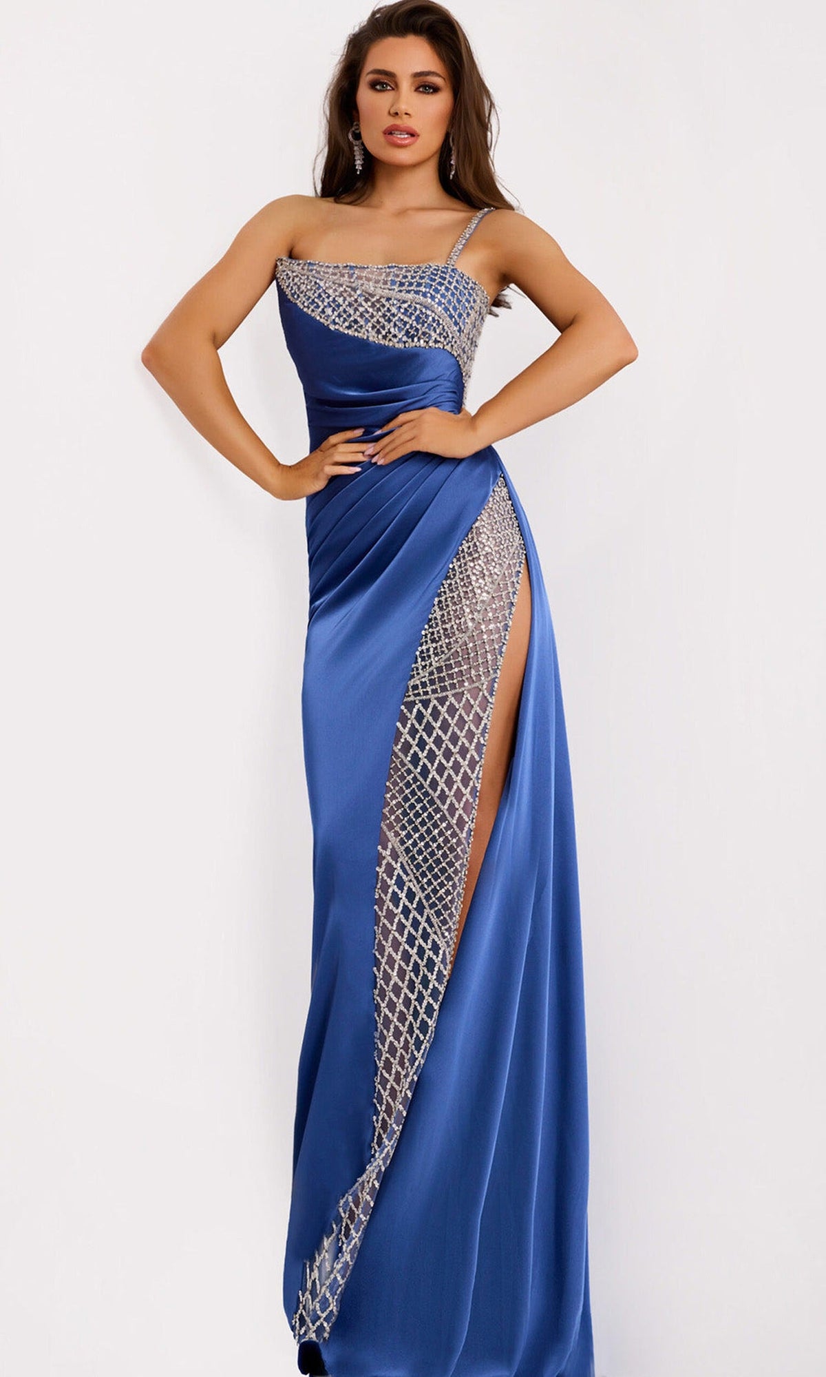 Jovani 42850 - One Shoulder Beaded Mesh Gown
