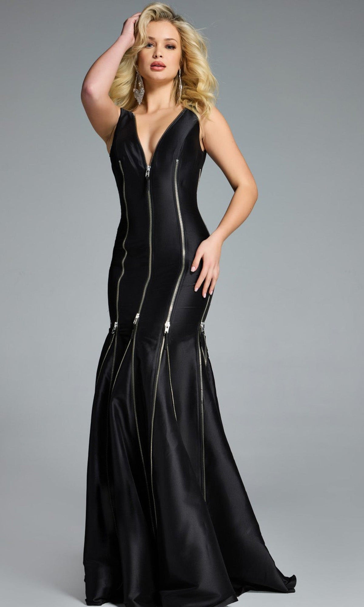 Jovani 44175 - V-Neck Mermaid Gown with Zippers - Black - Main