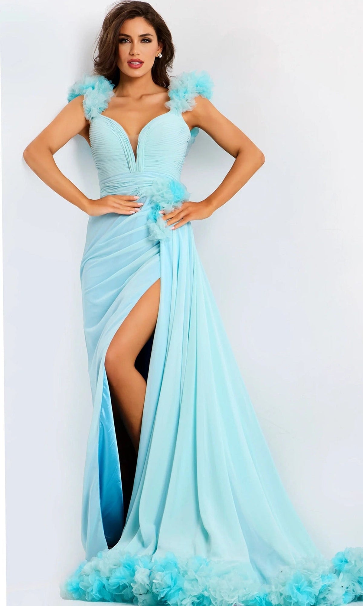 Jovani 44327 - Floral Accent Ruched Sleeveless Evening Gown - Aqua - Main
