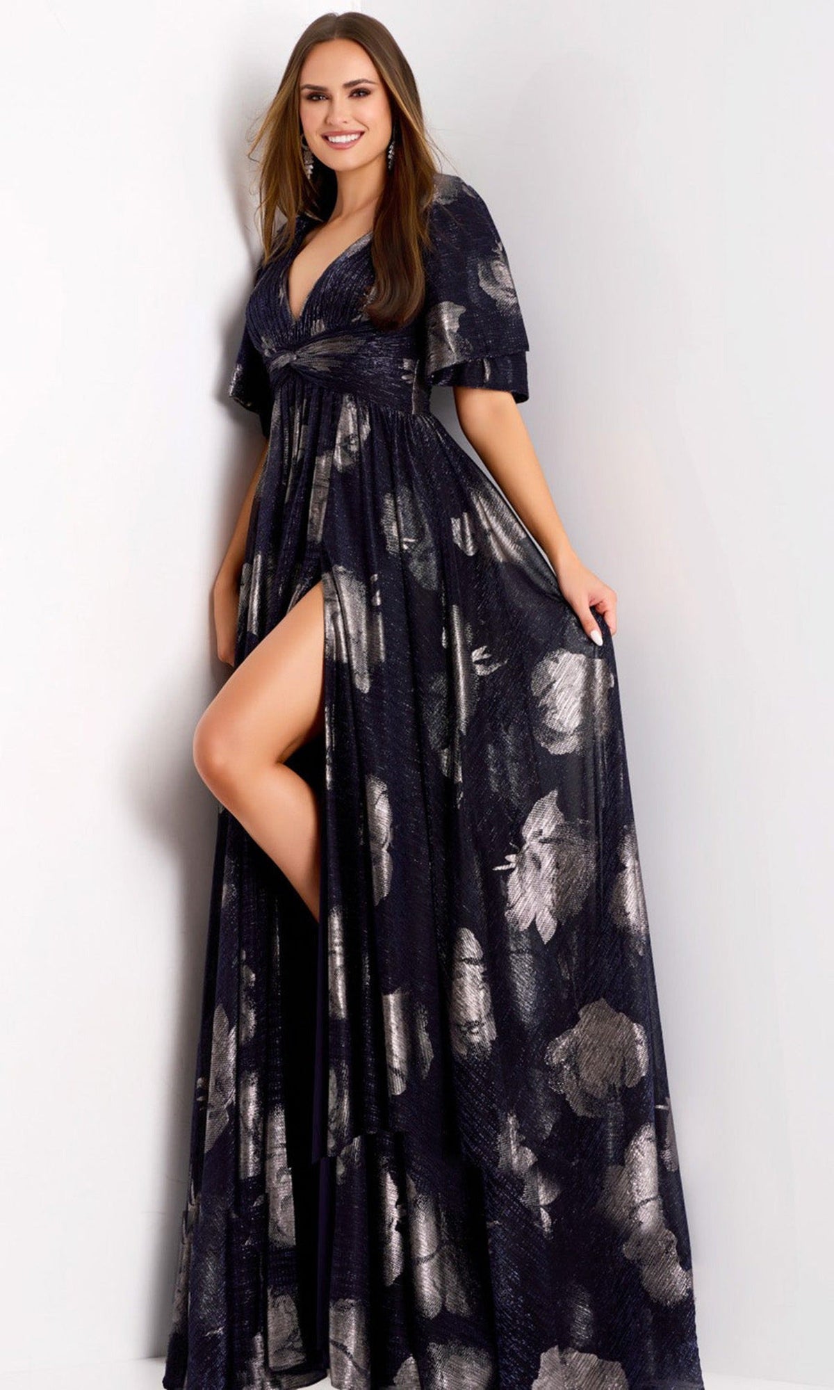 Jovani 44374 - Metallic Jacquard Flutter Sleeve Gown