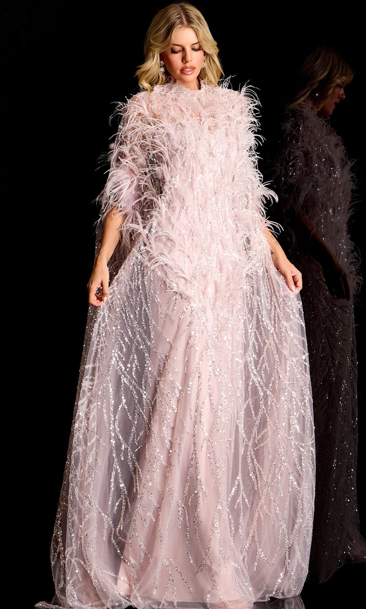 Jovani 44593 - Feather Embellished Cape Sleeve Evening Gown - Lavender - Main
