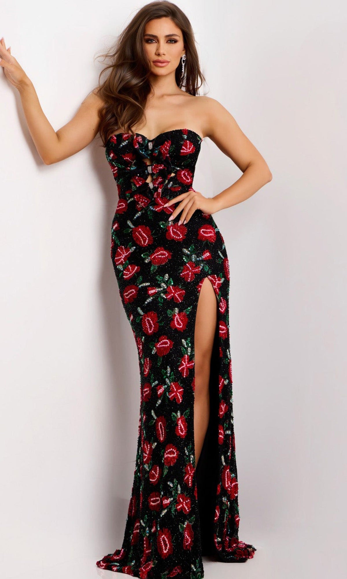 Jovani 44633 - Beaded Floral Strapless Sheath Gown - Black/Multi - Main