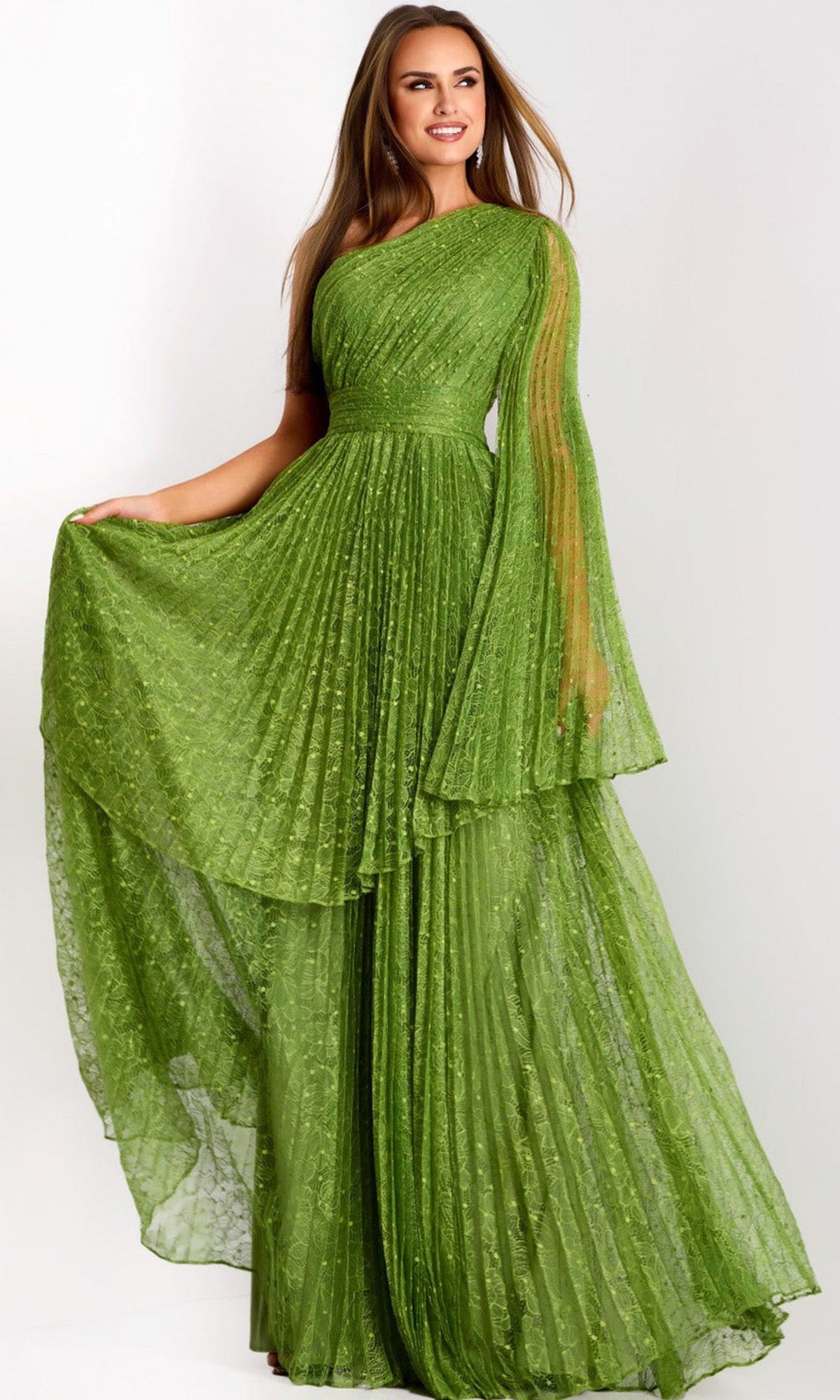 Jovani 44687 - One Shoulder Pleated Lace Gown
