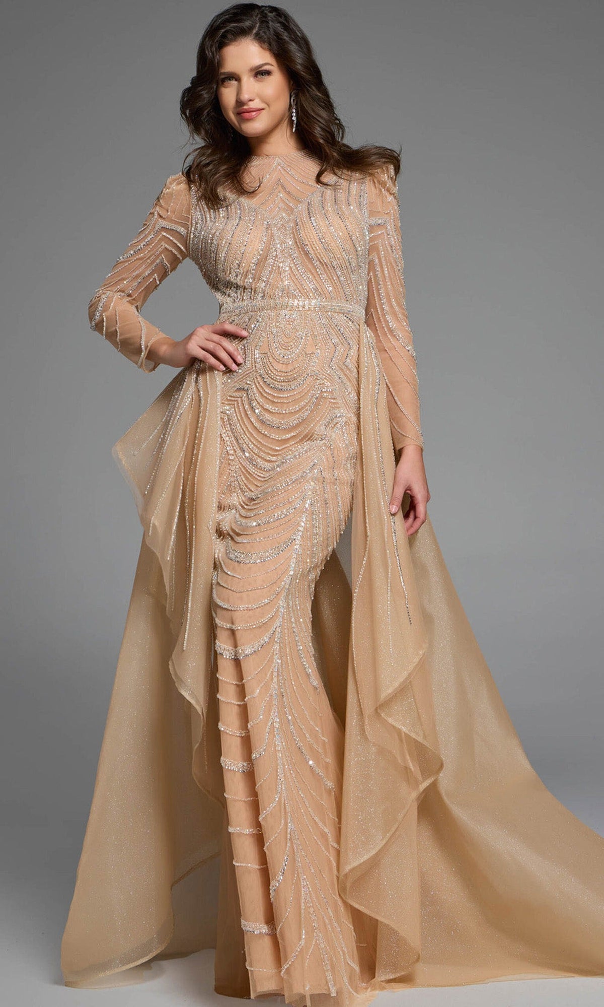 Jovani 44841 - Beaded Sheath Gown with Overskirt - Champagne - Main