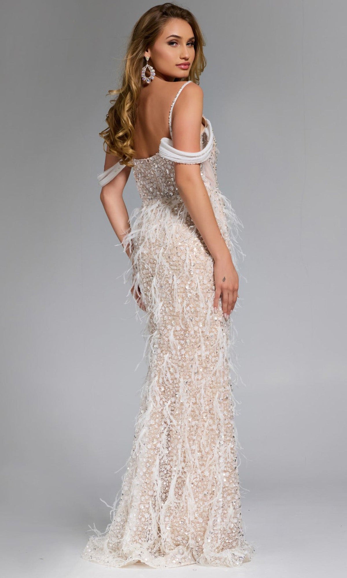 Jovani 44848 - Feathered Cold Shoulder Evening Gown