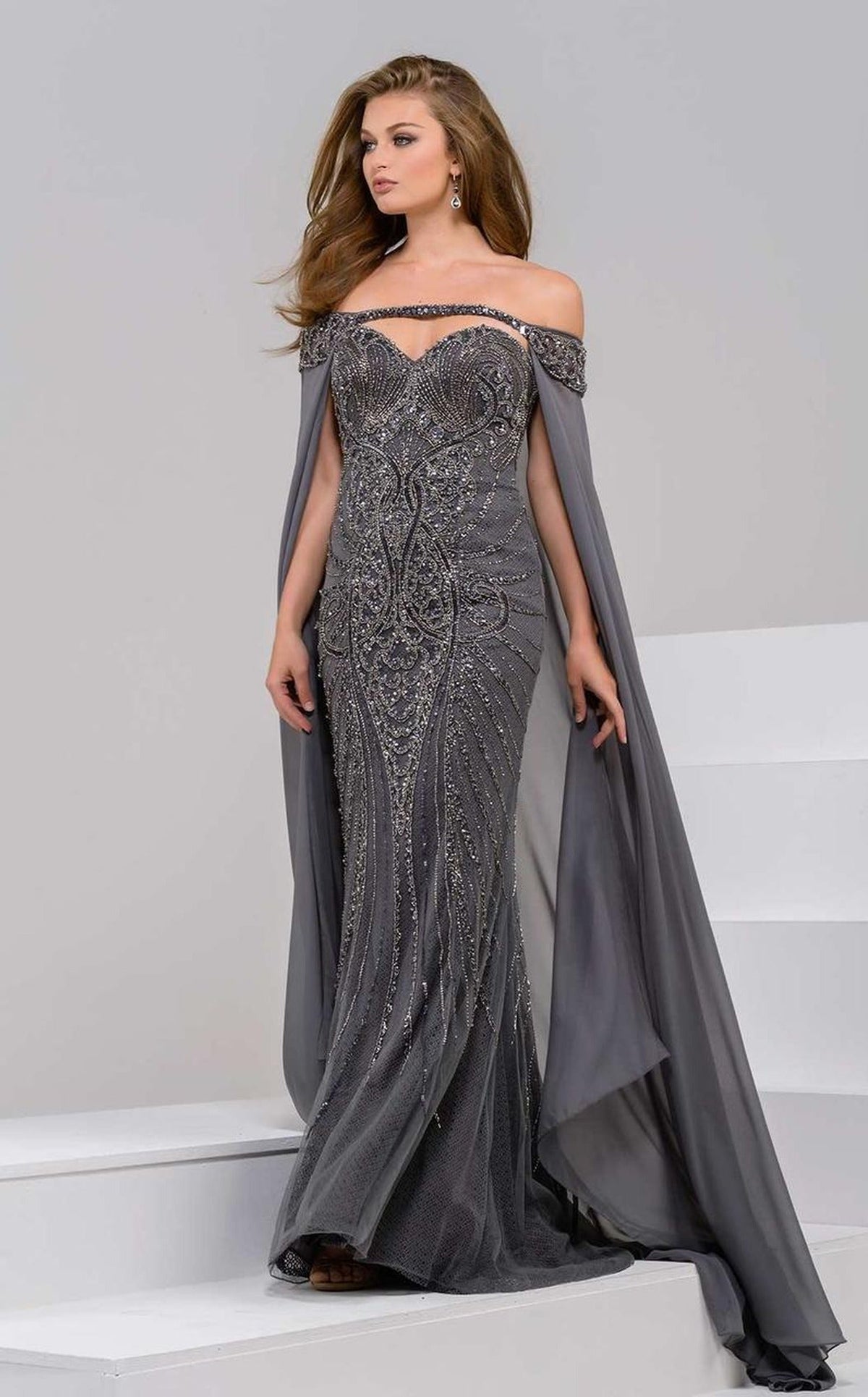 Jovani - 45566 Off Shoulder Sheath Dress - Charcoal - Main