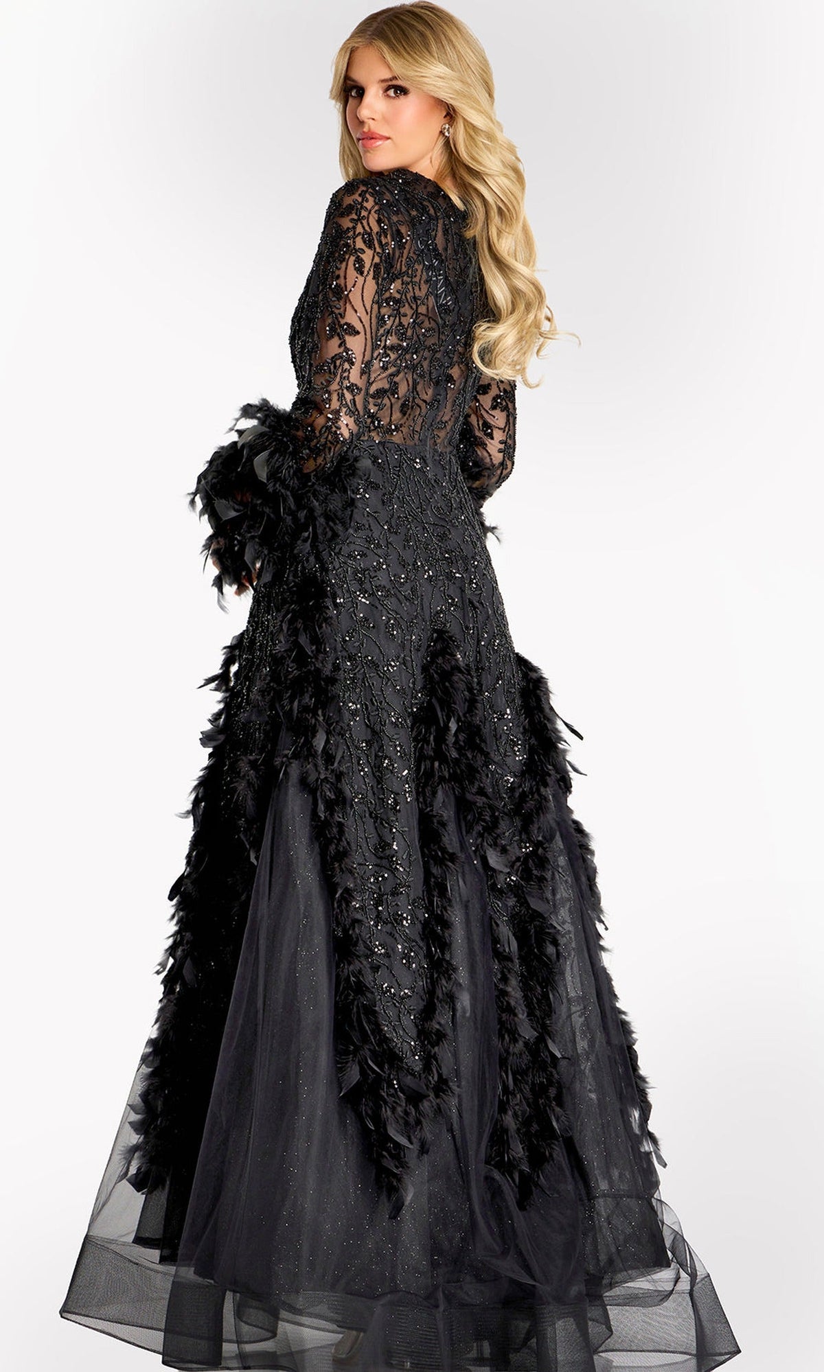 Jovani 45801 - Feather Embellished Long Sleeve Evening Gown