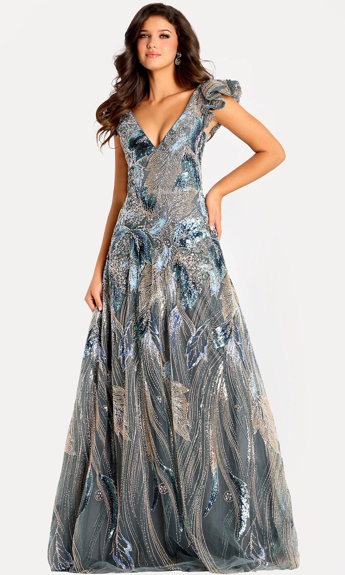 Jovani 45942 - Ruffled Cap Sleeve Sequin Evening Gown