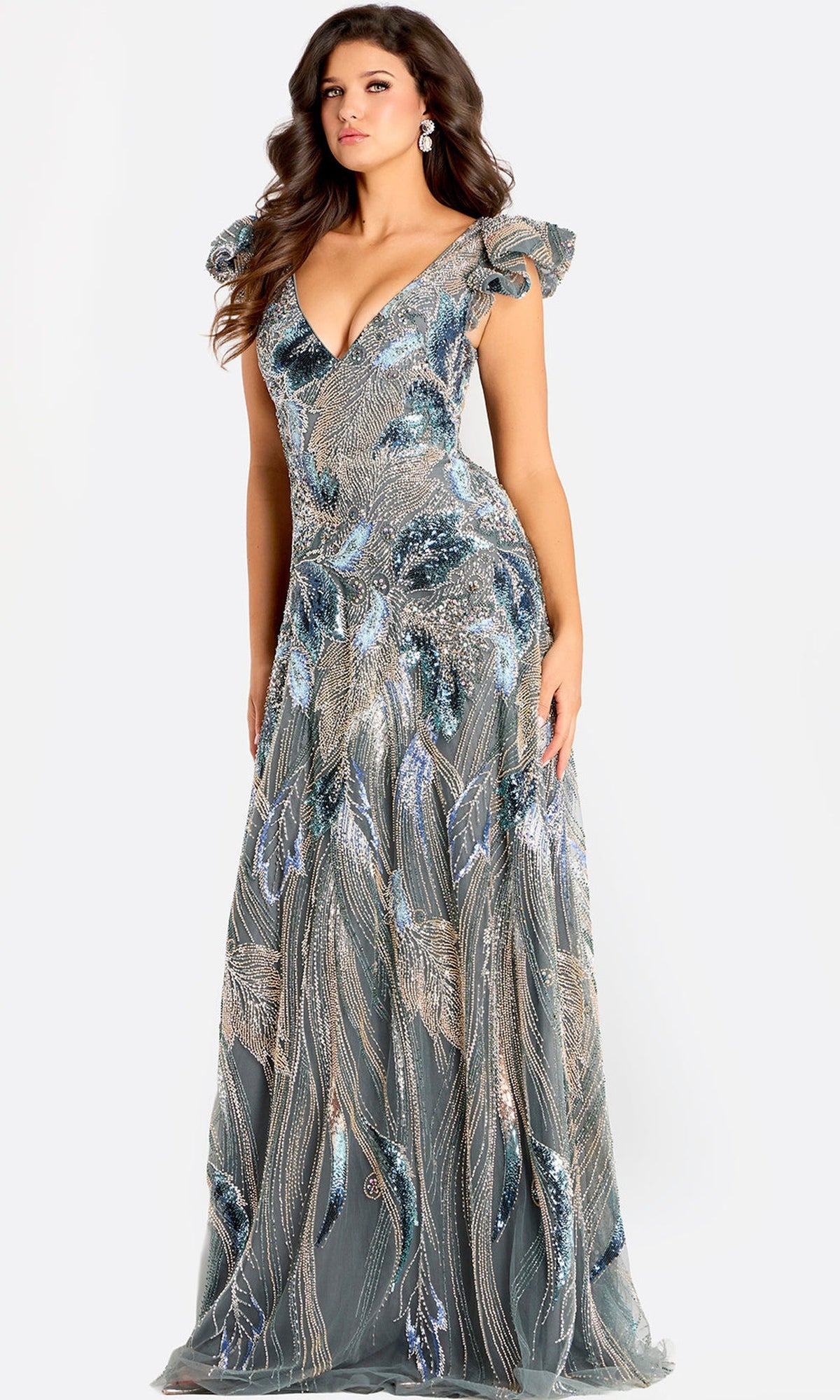 Jovani 45942 - Ruffled Cap Sleeve Sequin Evening Gown