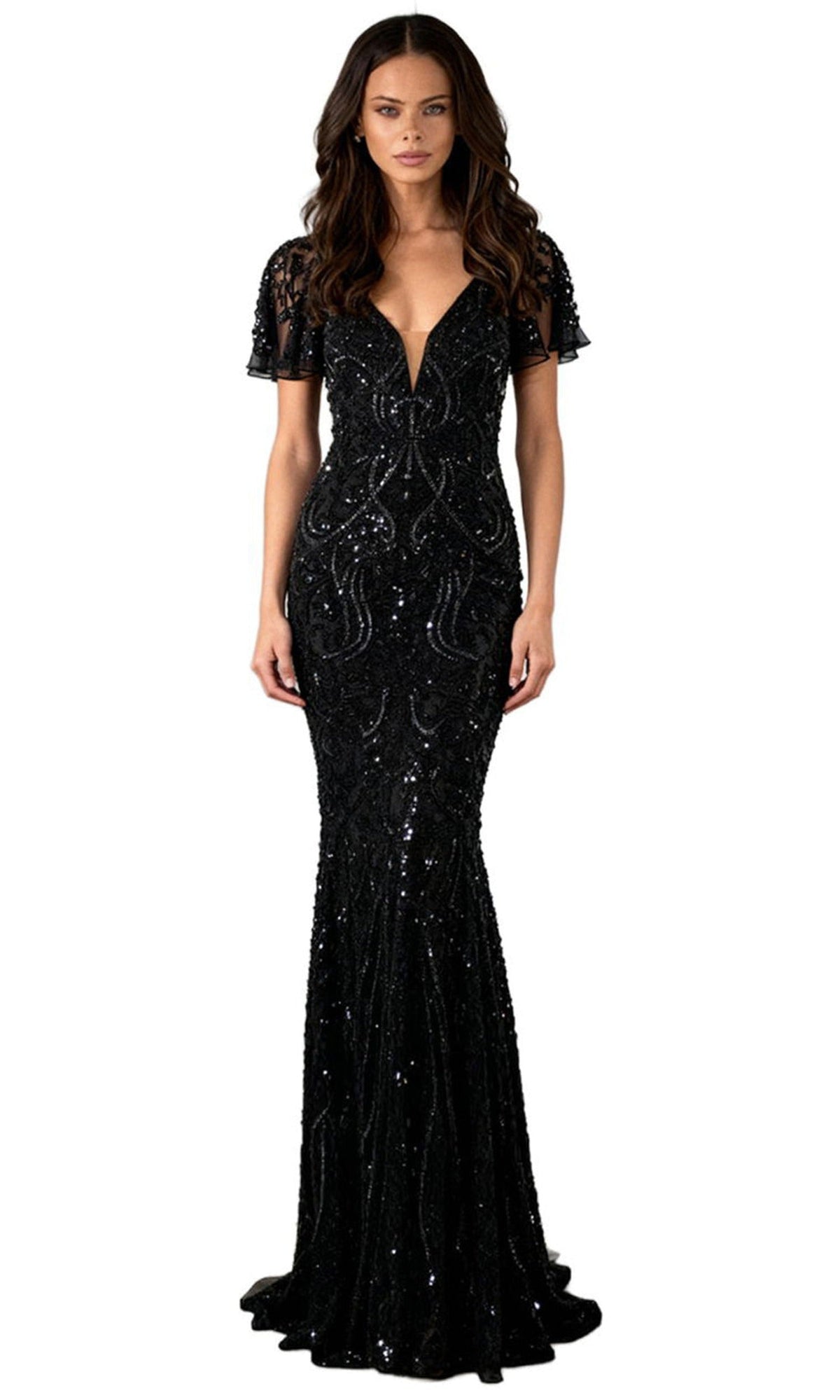 Jovani 46061 - Fully Beaded Flutter Sleeve Evening Gown - Black - Main