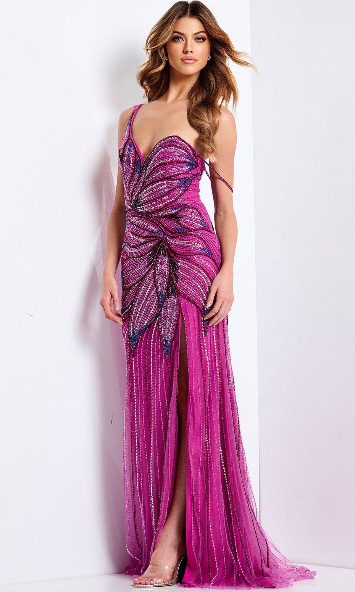 Jovani 45876 - Sequin Floral V-Neck Fitted Dress