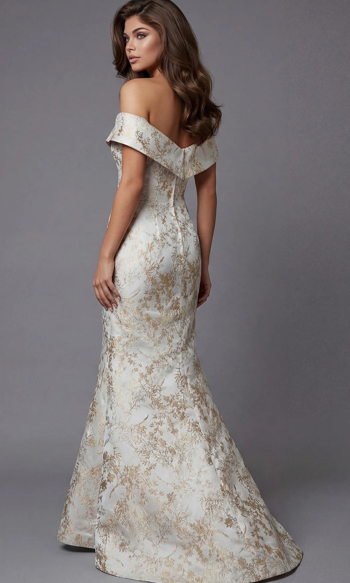 Jovani 47392 - Fold-Over Neckline Brocade Mermaid Gown