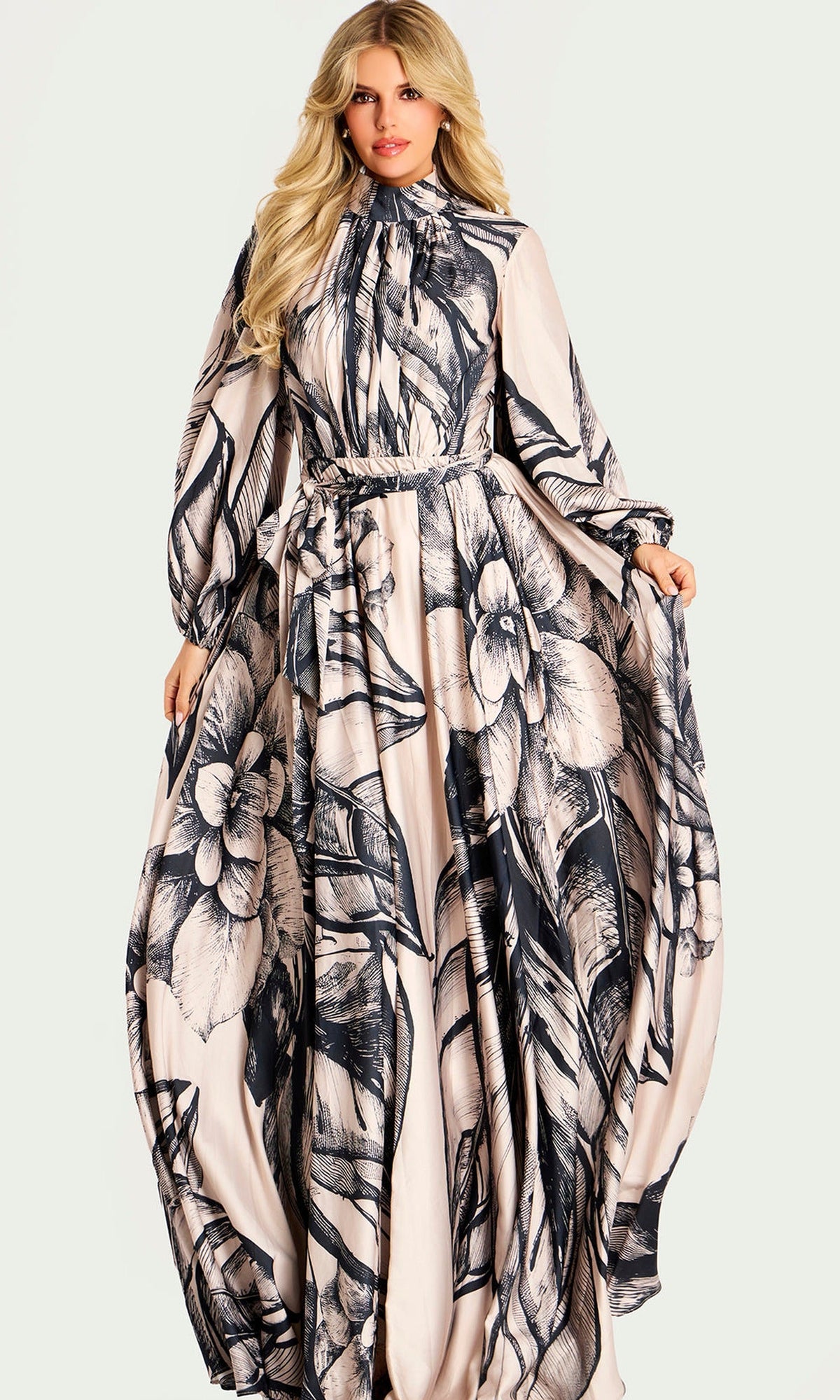 Jovani 49500 - Floral Print A-Line Evening Gown with Sash Belt