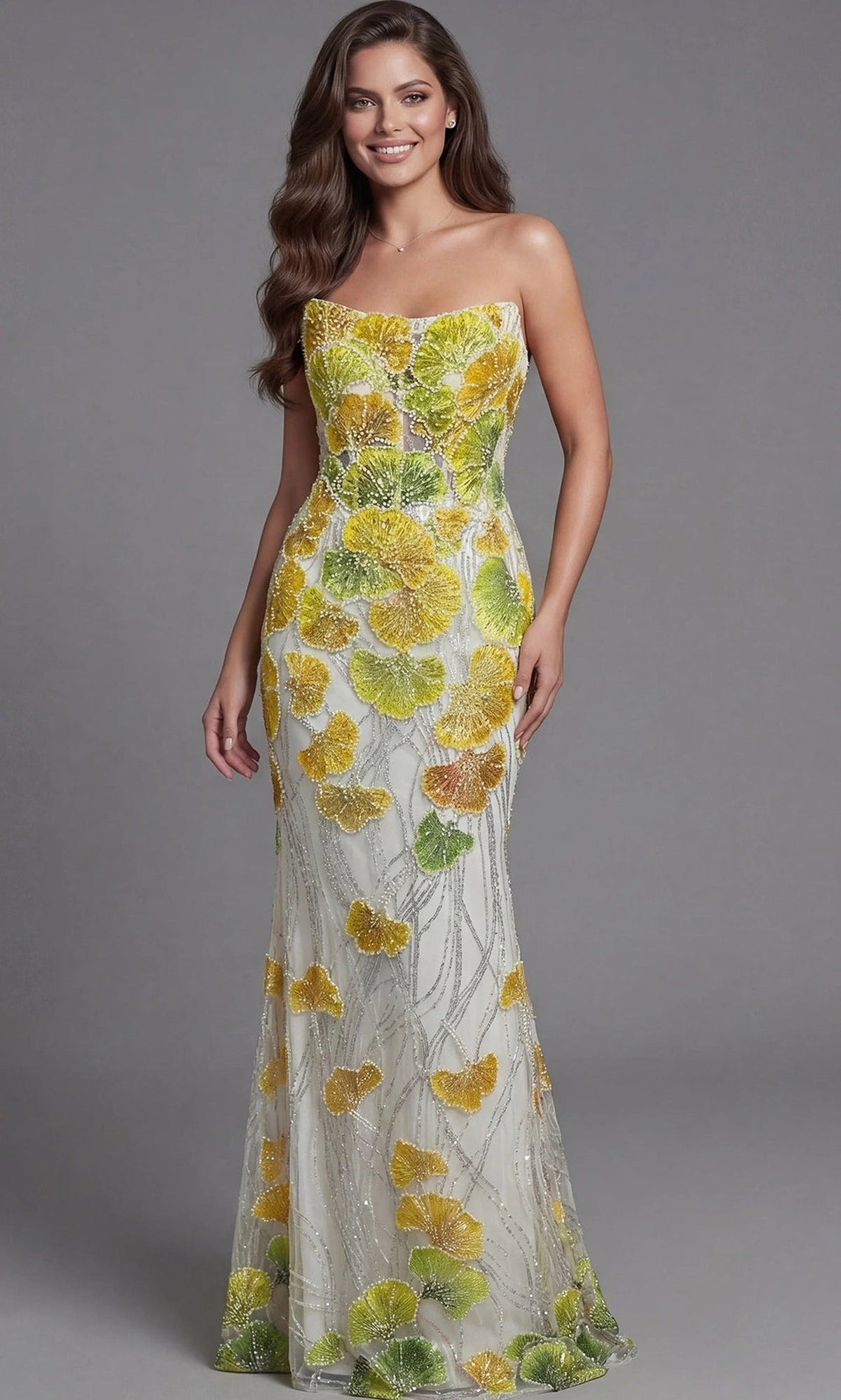 Jovani 49884 - Embroidered Tulle Fitted Strapless Gown