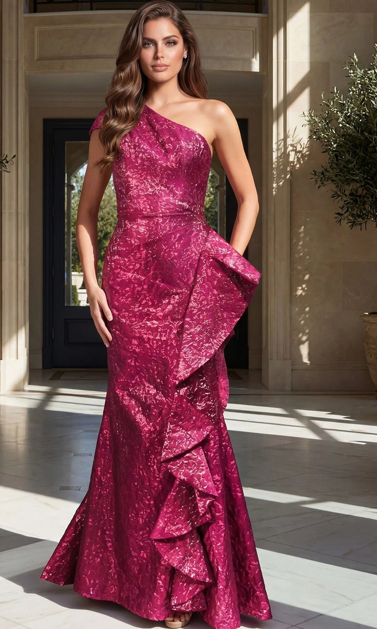Jovani 52736 One Shoulder Ruffle High Slit Dress - Fuchsia - Main