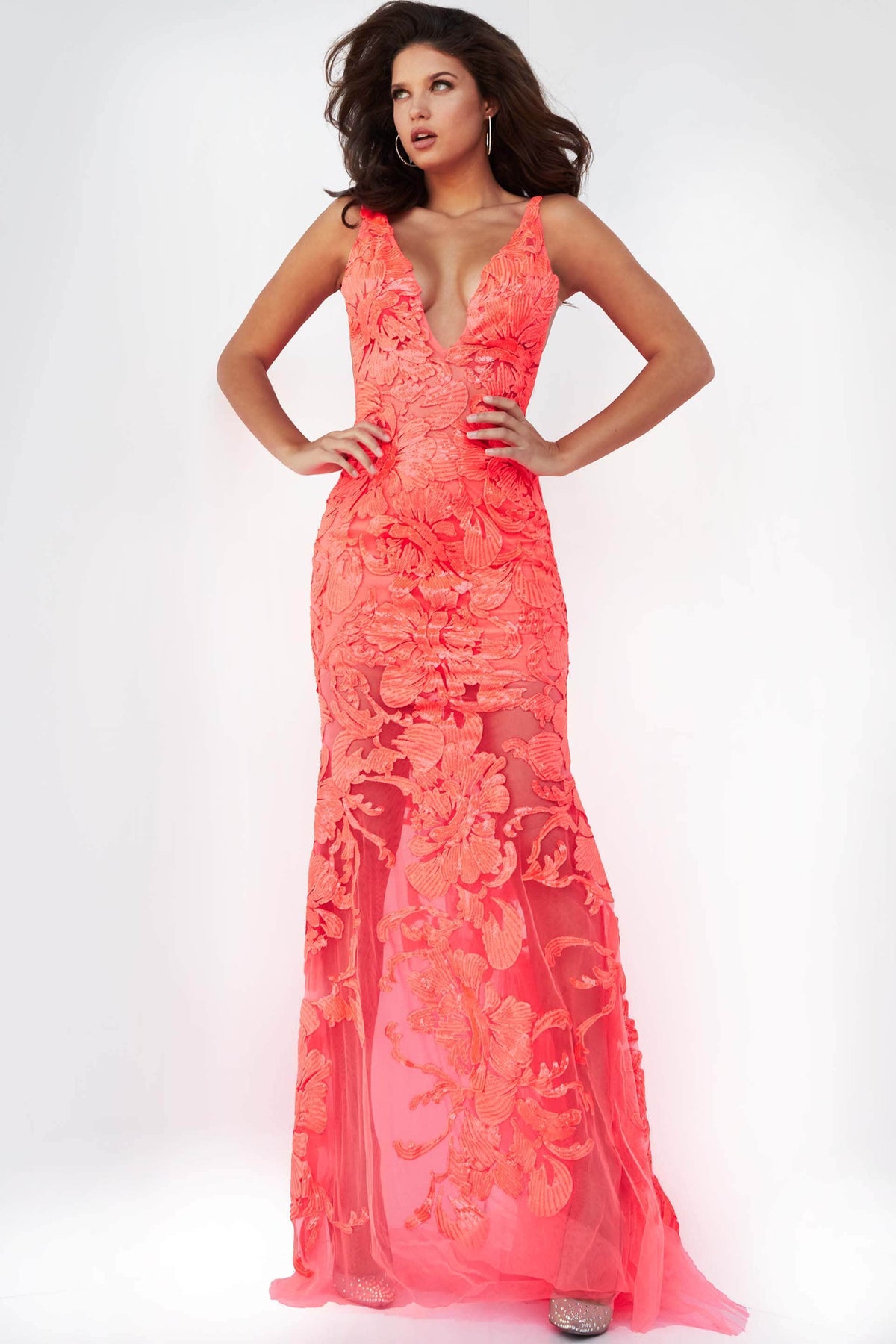 Jovani 60283 - Floral Applique Prom Gown - Tangerine - Main