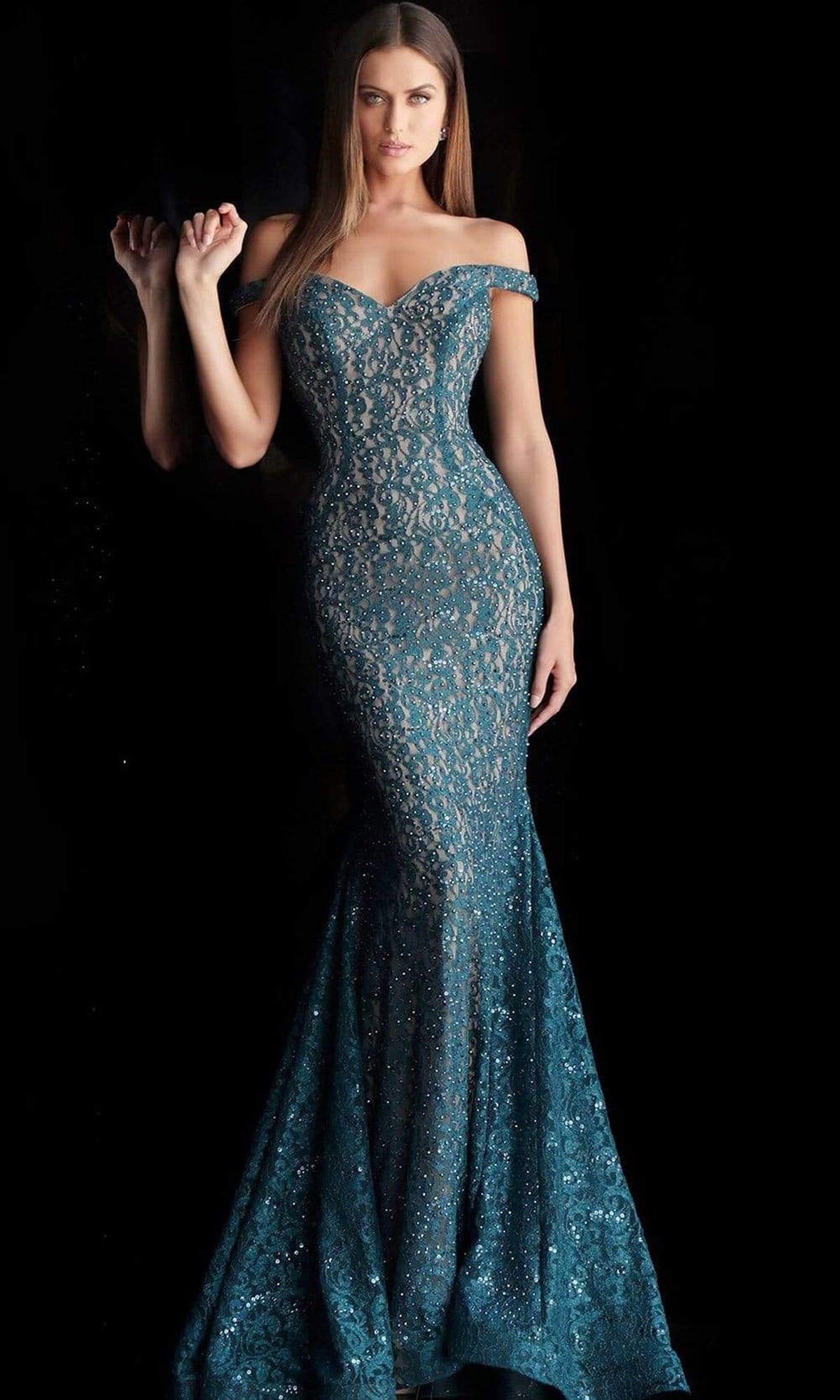 Jovani 64521 Lace Off-Shoulder Mermaid Dress With Train