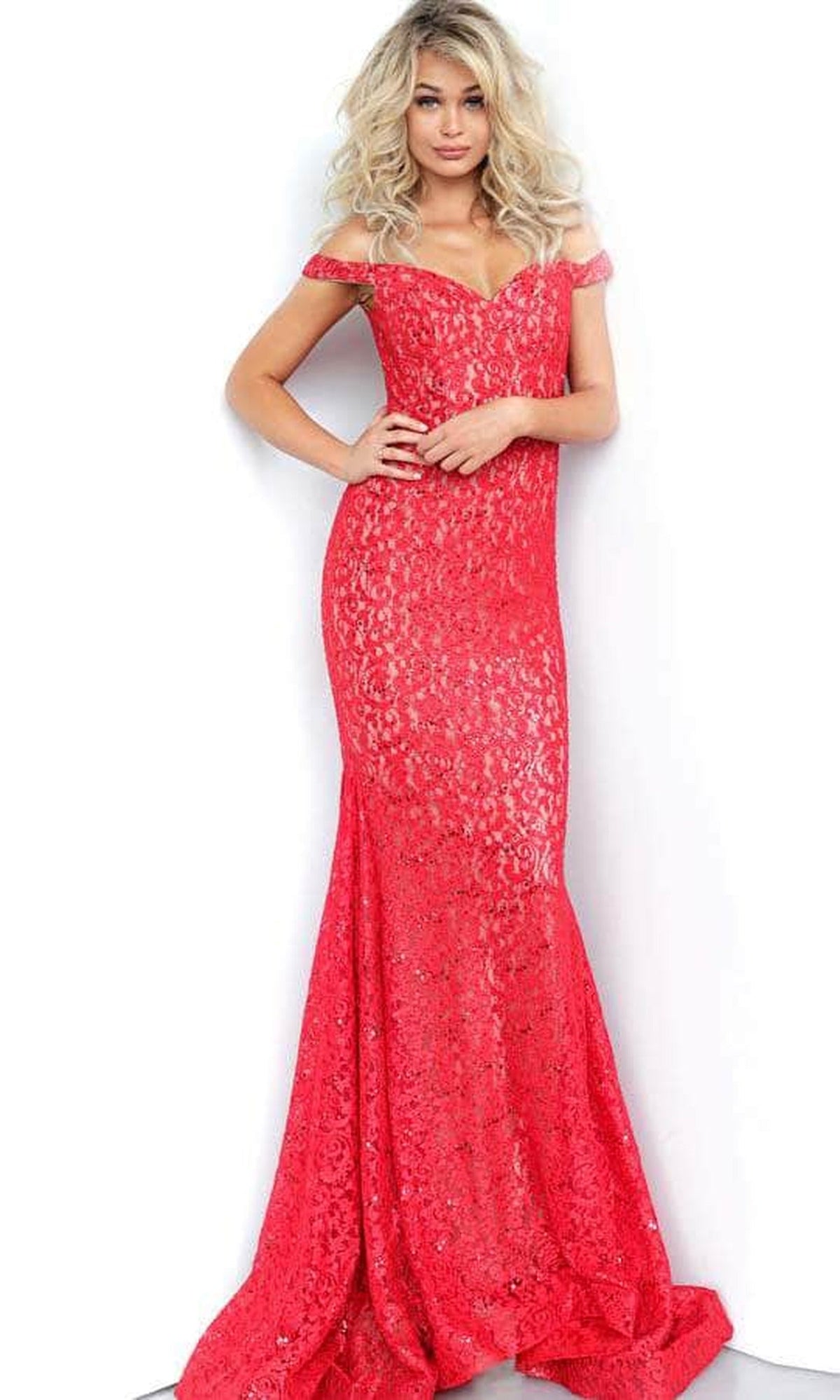 Jovani 64521 Lace Off-Shoulder Mermaid Dress With Train