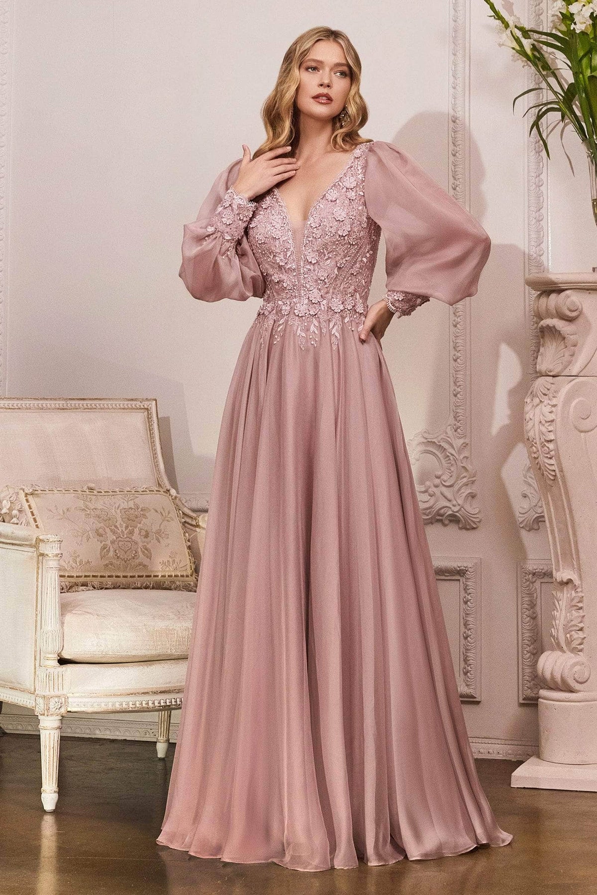 Ladivine CD0183 - Bishop Sleeve Chiffon Dress - Mauve - Main