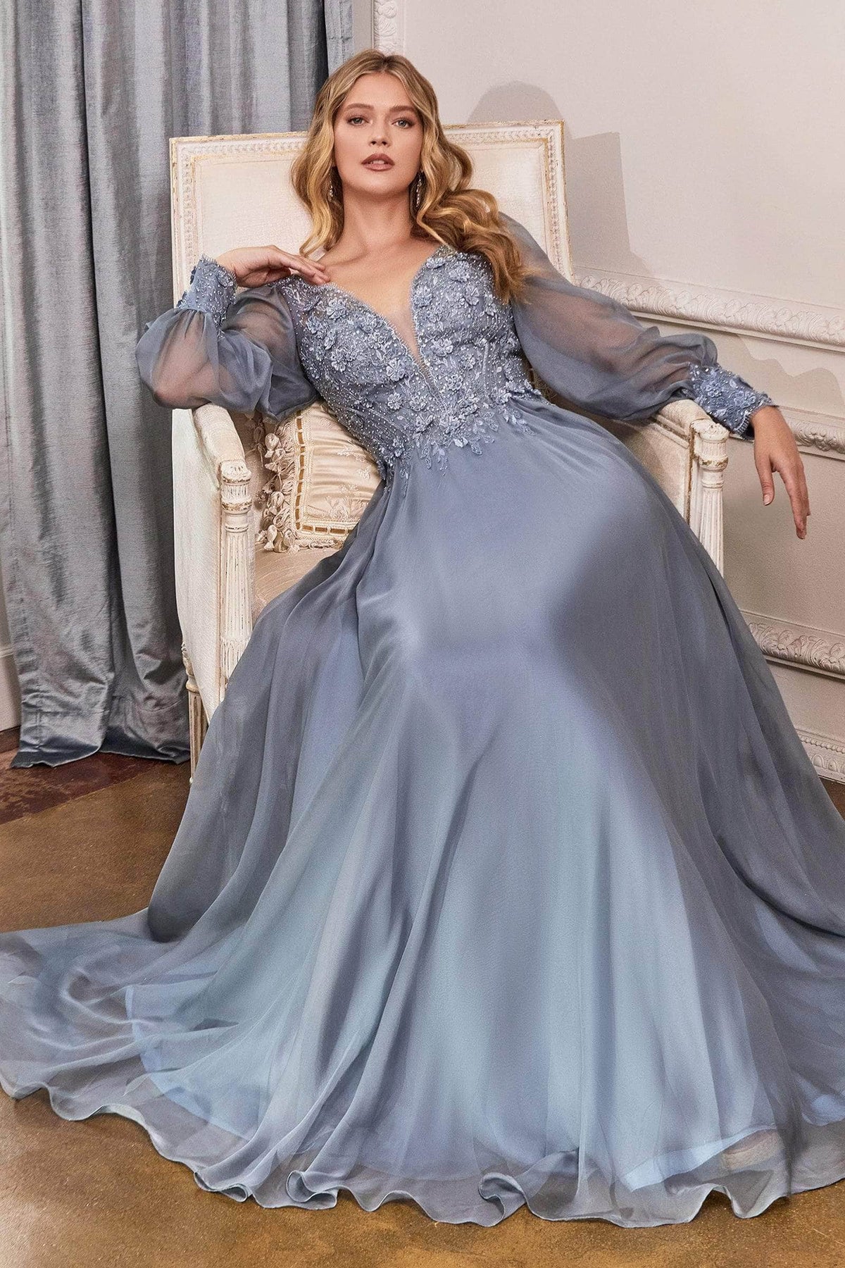 Ladivine CD0183 - Bishop Sleeve Chiffon Dress