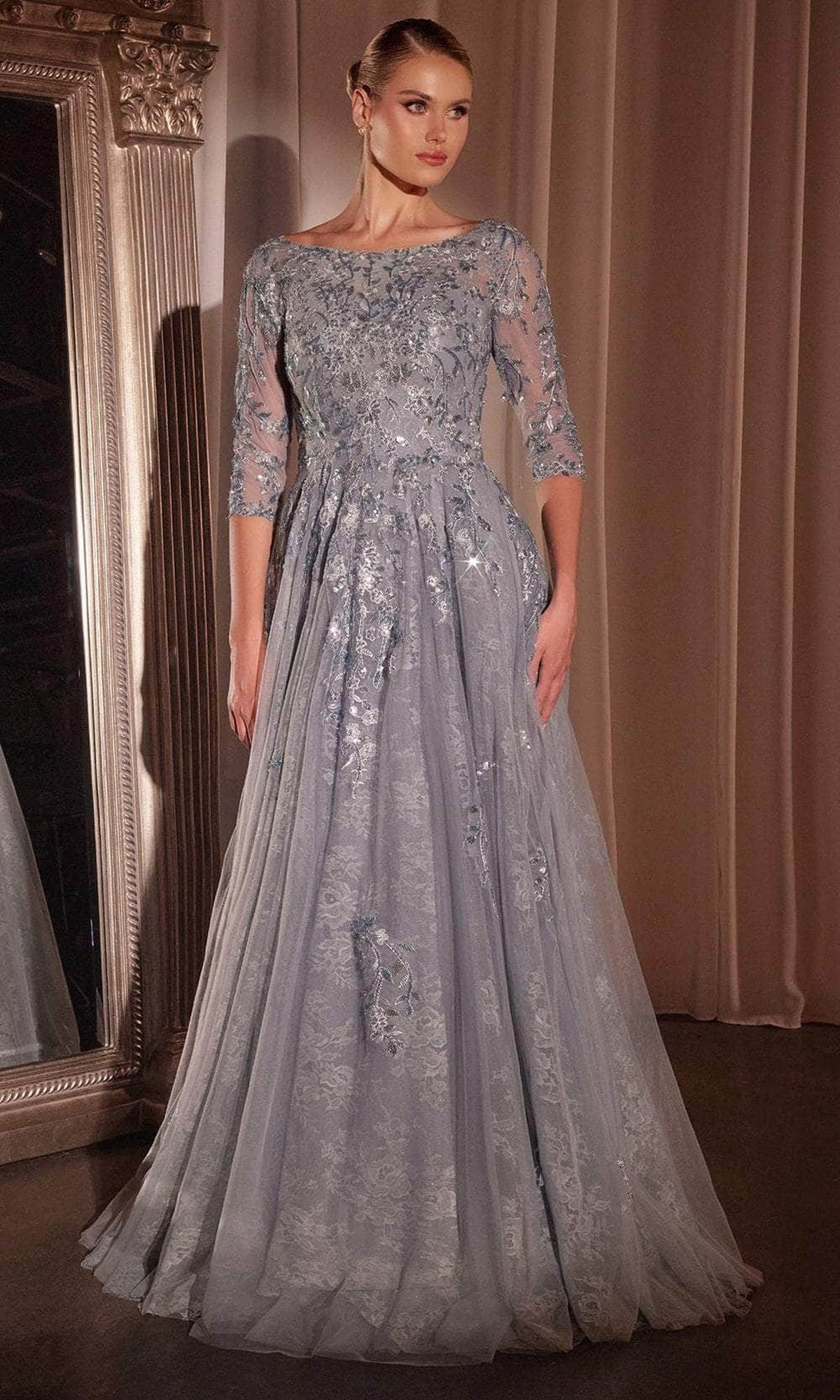 Ladivine CK2401 - Bateau Neck Embroidered Evening Gown - Smoky Blue - Main