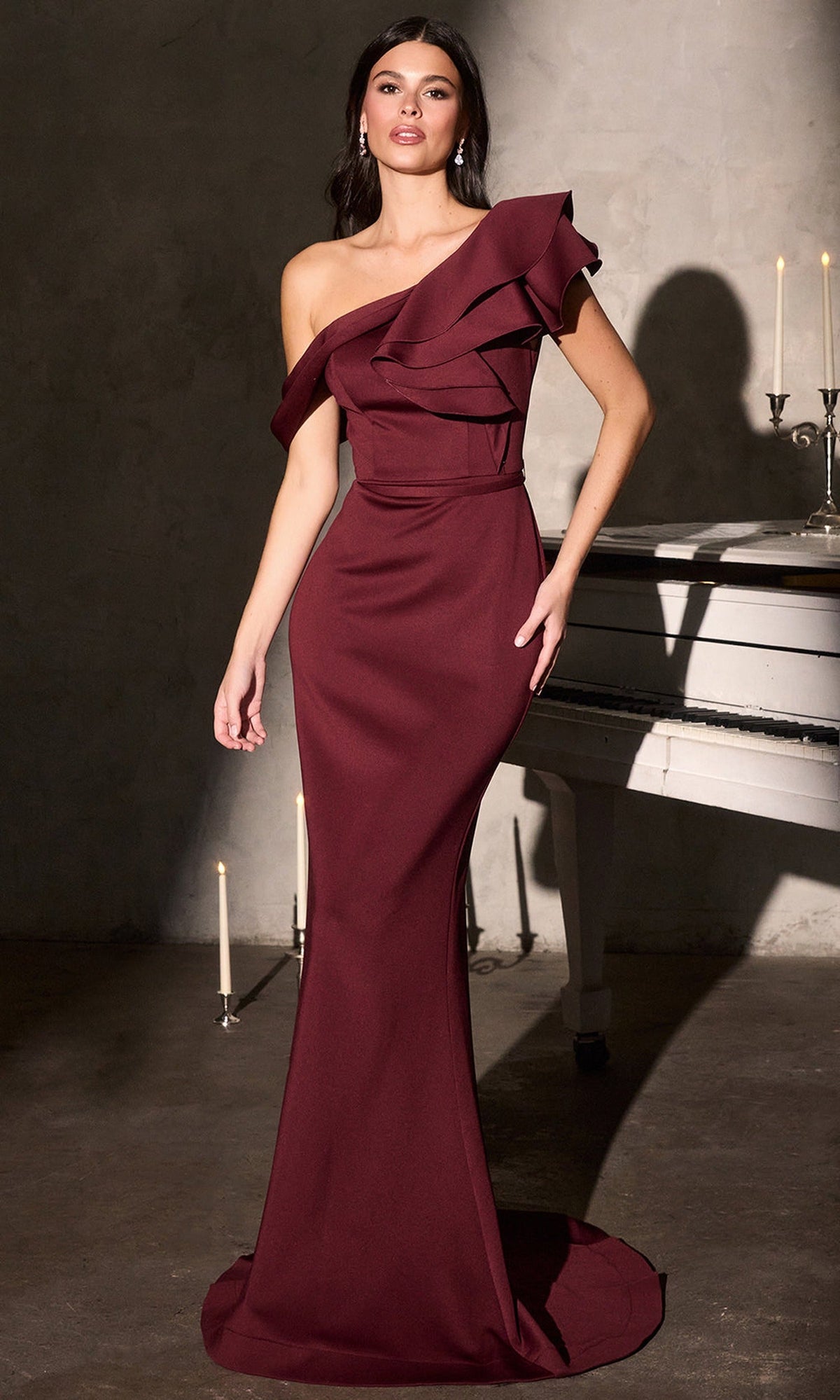 Ladivine CR886 - One Shoulder Ruffled Scuba Evening Gown - Burgundy - Main