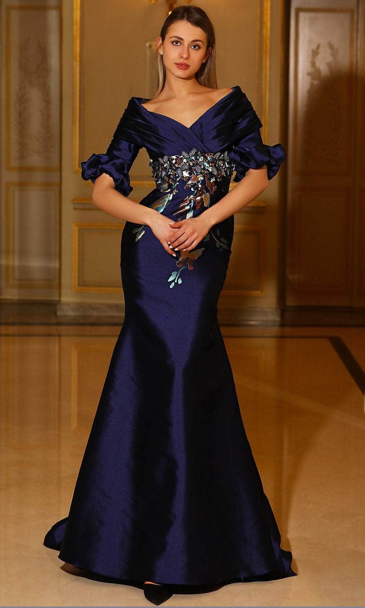Terani Couture 242M3368 V-Neck 3/4 Sleeve Evening Gown