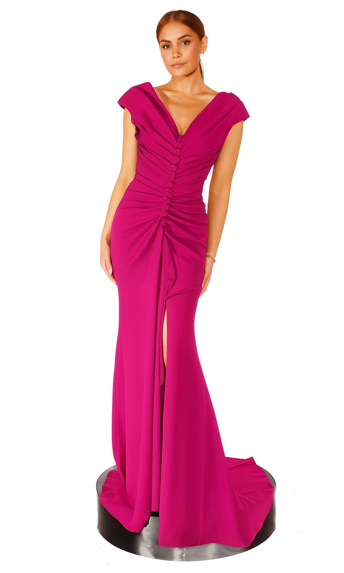 Terani Couture 261E6721 - V-Neckline Ruched Crepe Evening Gown