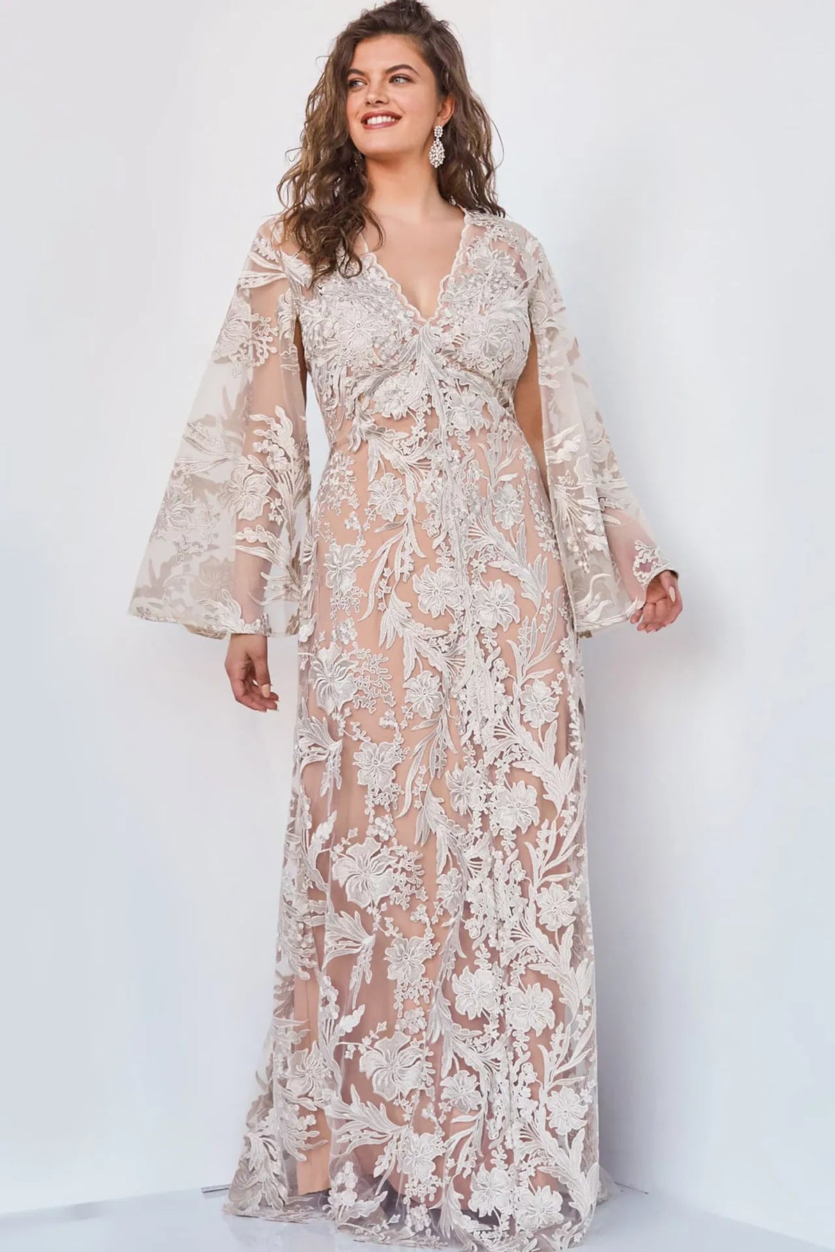 Jovani - 00752 Cape Sleeve Novelty Lace Sheath Gown
