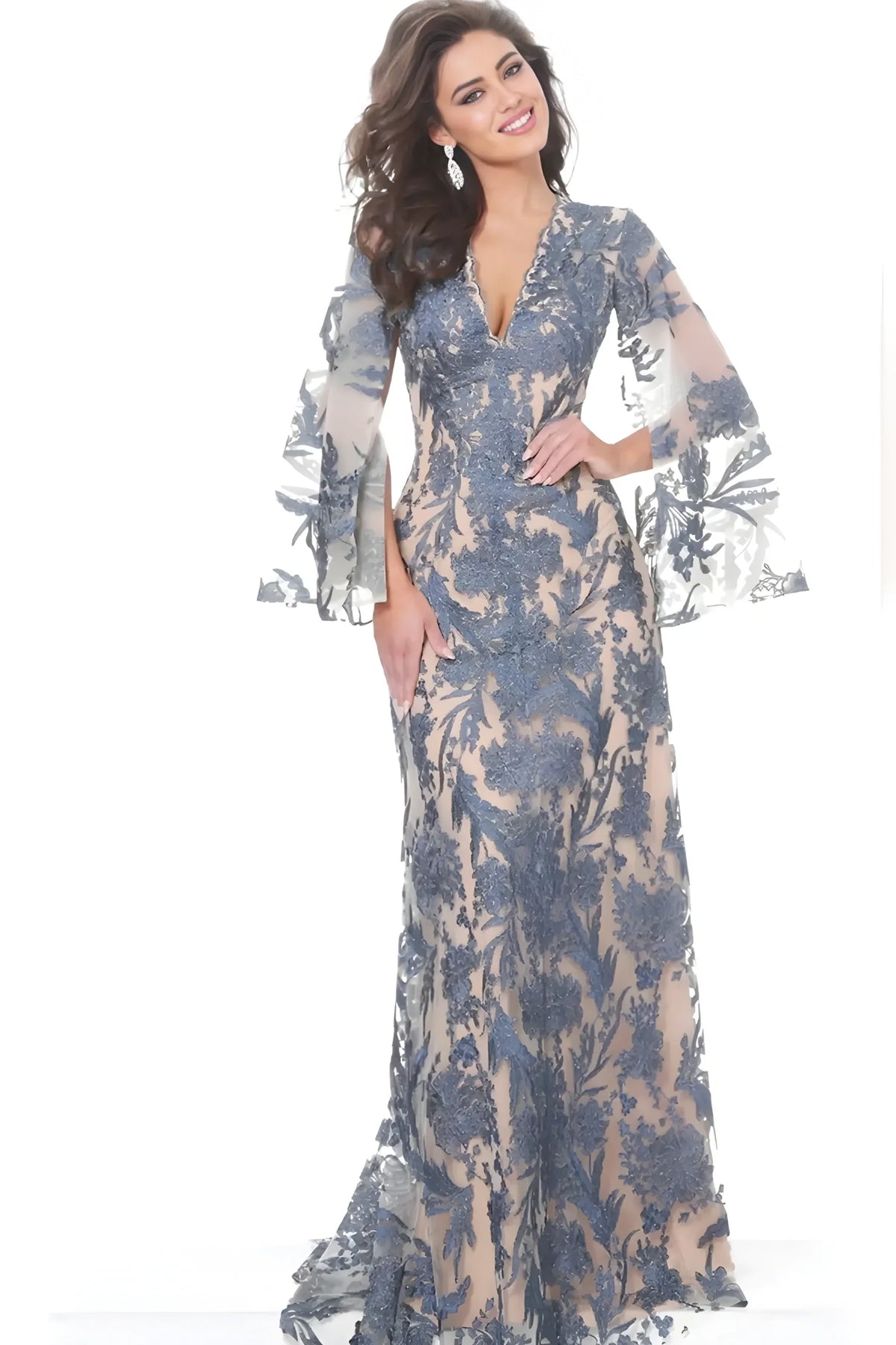 Jovani - 00752 Cape Sleeve Novelty Lace Sheath Gown - Navy/Nude - Main