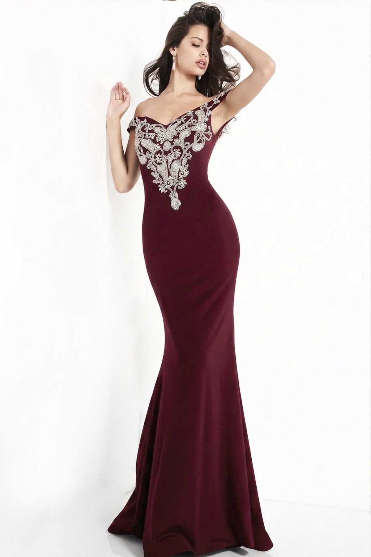 Jovani - 02576 Off Shoulder Paisley Motif Long Gown