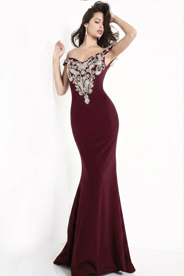 Jovani - 02576 Off Shoulder Paisley Motif Long Gown