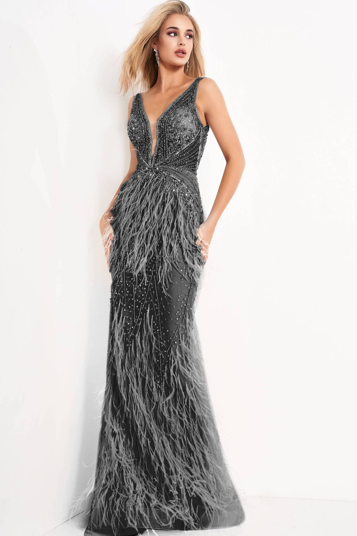 Jovani - 03023 Sheer Bodice Beaded Adorned Feather Fitted Evening Gown