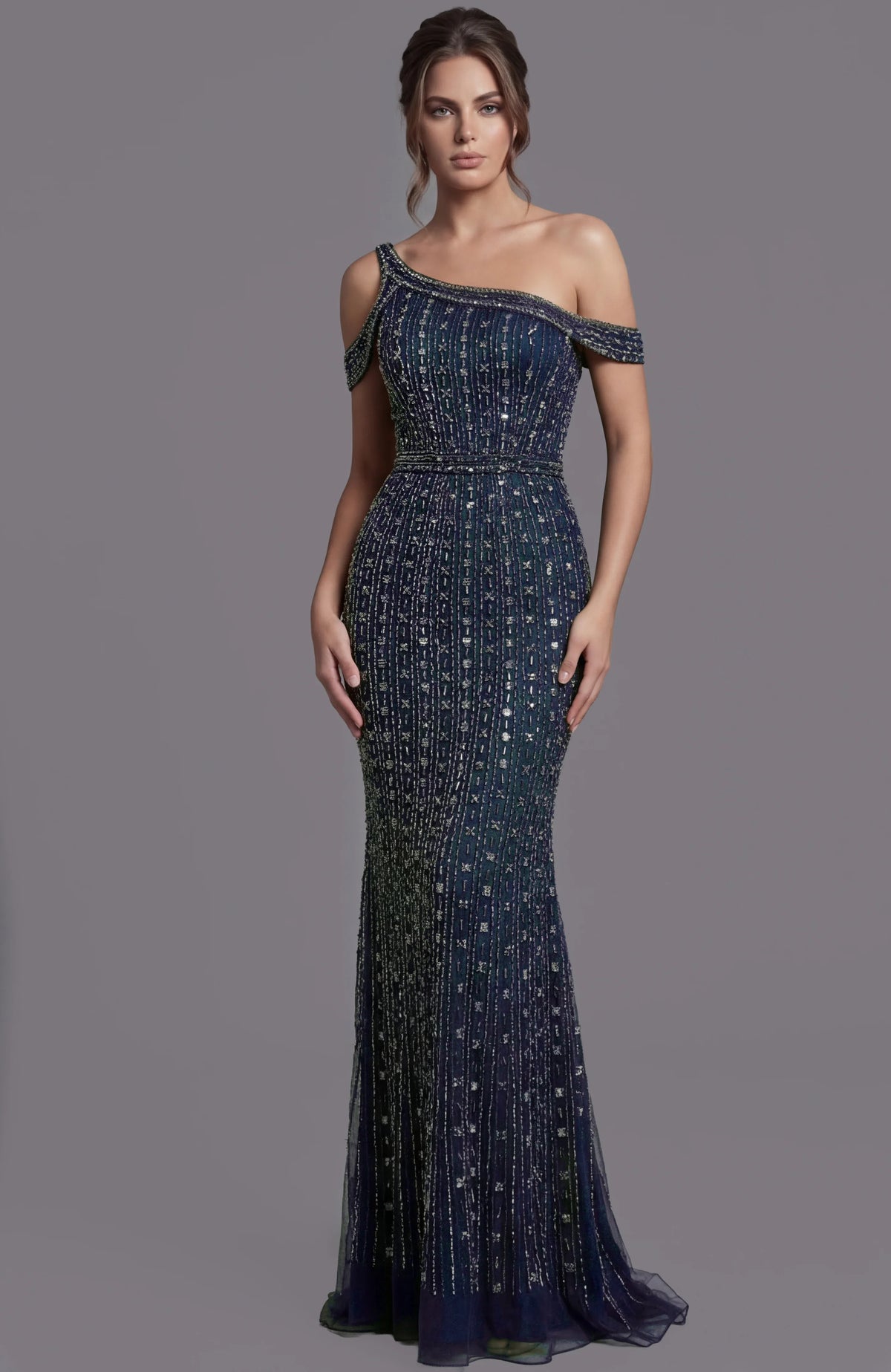 Jovani - 03124 Beaded Cold Shoulder Sheath Gown - Navy - Main