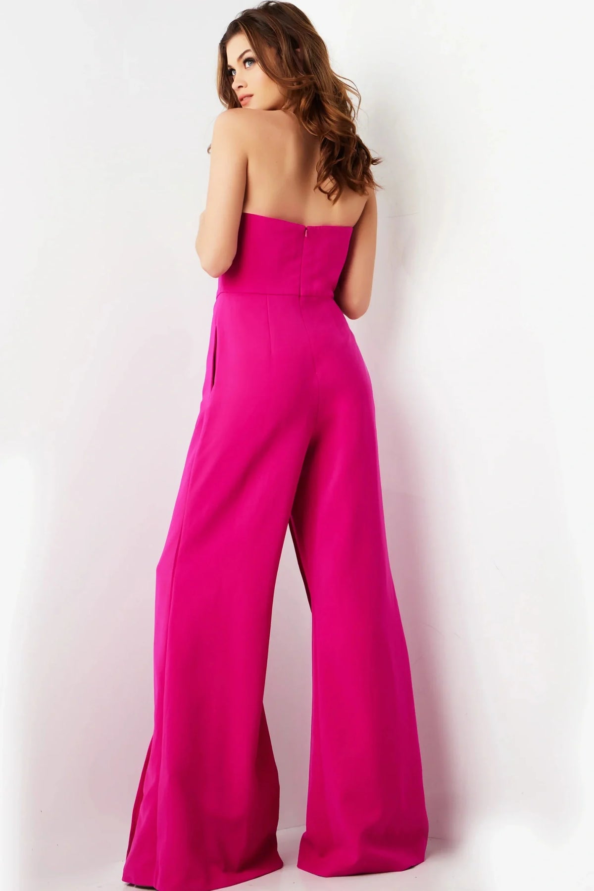 Jovani - 03828 Strapless Straight Neck Wide Leg Evening Jumpsuit
