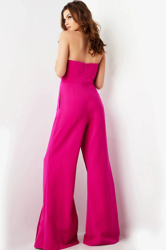 Jovani - 03828 Strapless Straight Neck Wide Leg Evening Jumpsuit
